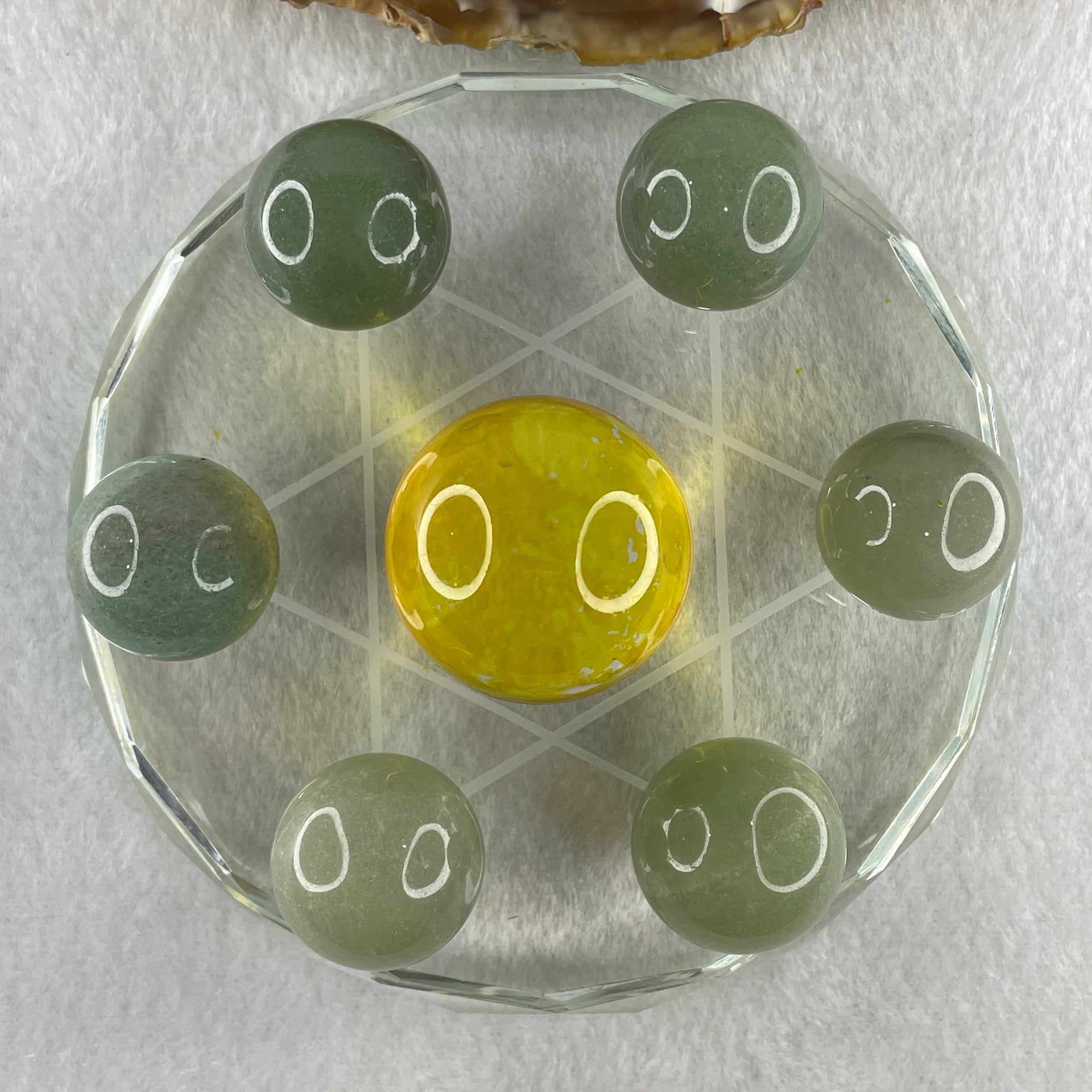 Natural Green Aventurine 20.8mm with Yellow Liuli 29.5mm 7 Sphere Balls Set with 7 Star Base Display 332.9g 100.8 by 40.5mm - Huangs Jadeite and Jewelry Pte Ltd