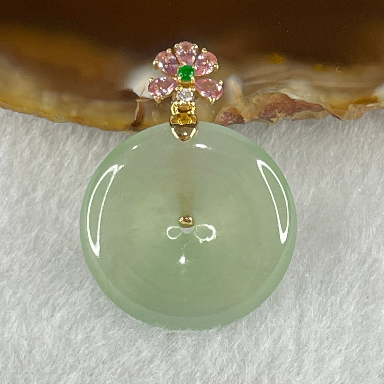 Type A Semi Icy Light Green Jadeite Ping An Kou with 18K yellow Gold Clap Pendant 5.04g 22.2 by 4.2mm