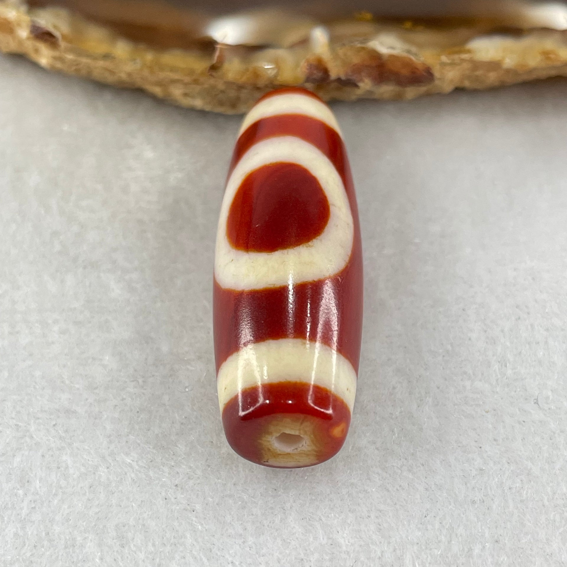 Natural Powerful Tibetan Old Oily Red White Agate One Eye Fire Sign Dzi Bead Heavenly Master (Tian Zhu) 一眼火天珠 10.31g 37.7 by 13.3mm - Huangs Jadeite and Jewelry Pte Ltd