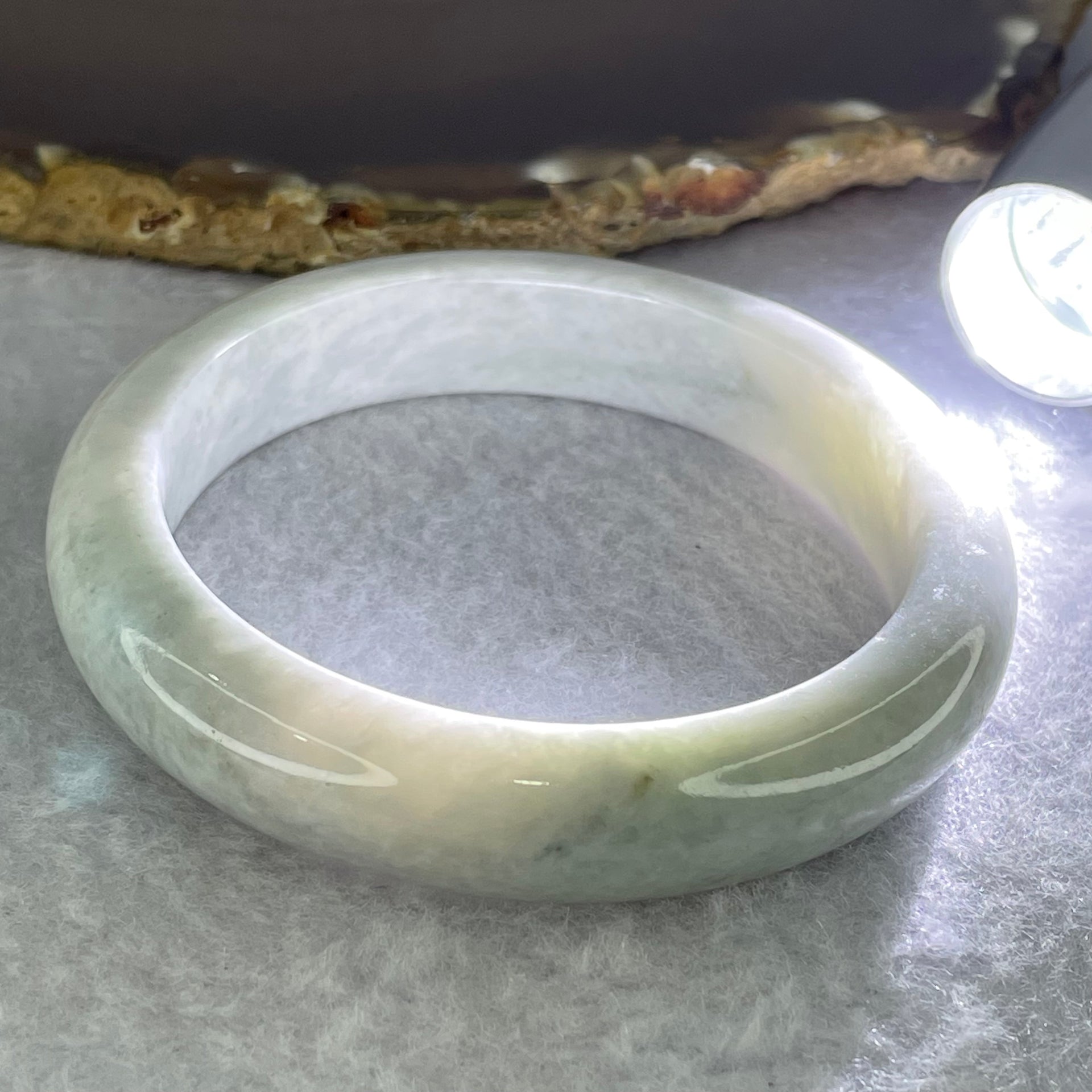 Type A Light Lavender with Moss Green Patch Jadeite Bangle Internal Diameter 55.0mm 53.12g 12.5 by 8.4mm (Slight Internal Lines) - Huangs Jadeite and Jewelry Pte Ltd