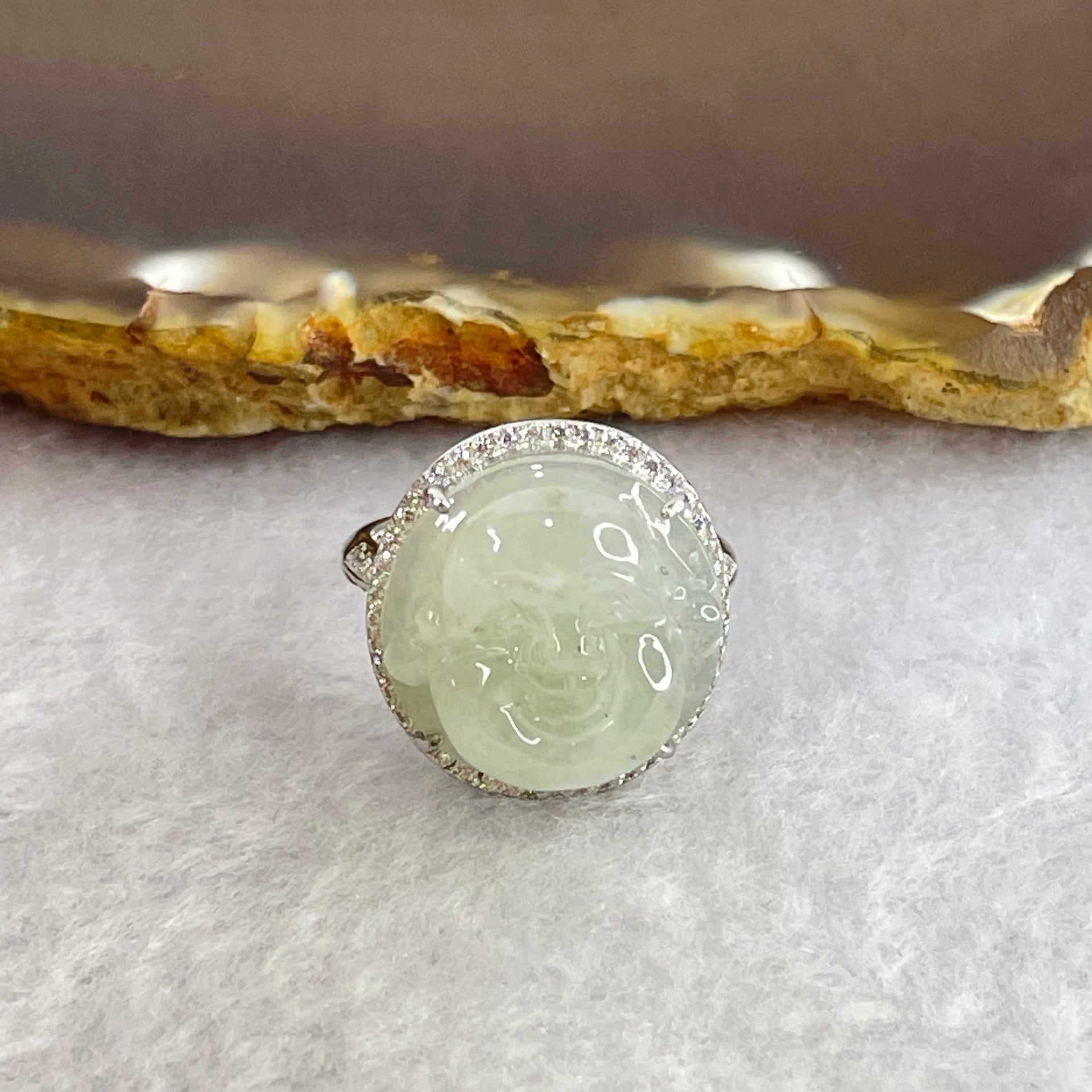 Type A Faint Lavender Green Jadeite Milo Buddha in S925 Ring (Adjustable Size) 5.80g 16.5 by 16.5 by 7.0mm - Huangs Jadeite and Jewelry Pte Ltd