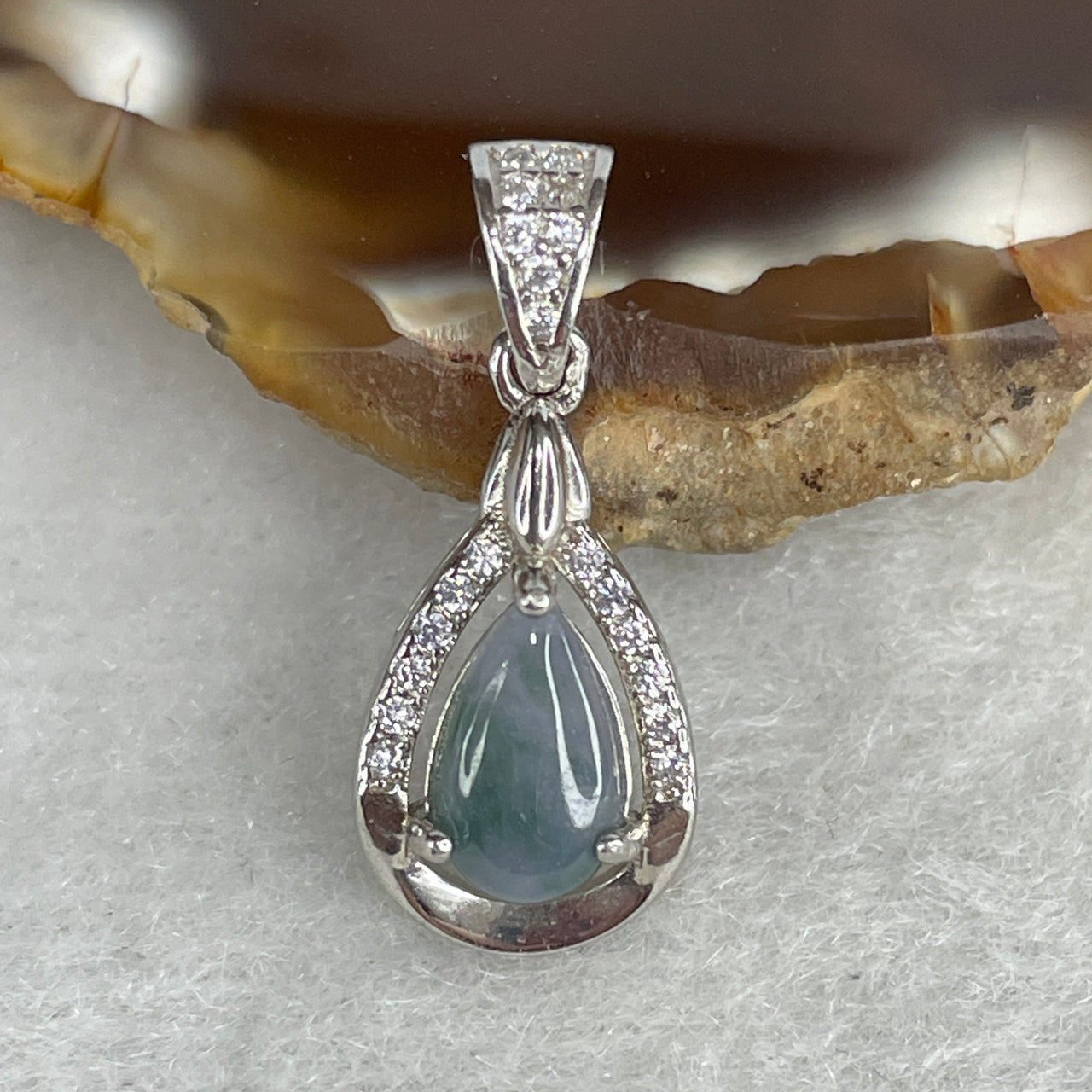 Type A Blueish-Green Jadeite Teardrop Pendant | Luminous Glacial Raindrop Charm | Solid S925 Sterling Silver Setting | Dainty "Ocean-Drop" Fine Jewelry Talisman (1.54g 8.8x6.2x2.0mm)