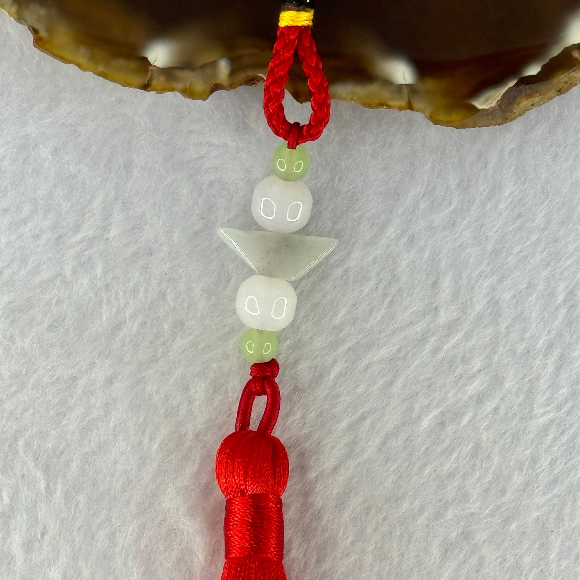 Type A Faint Green Wuji Grey Jadeite Ingot with Crystals Hanging Display 7.33g 16.9 by 6.1 by 6.2mm - Huangs Jadeite and Jewelry Pte Ltd