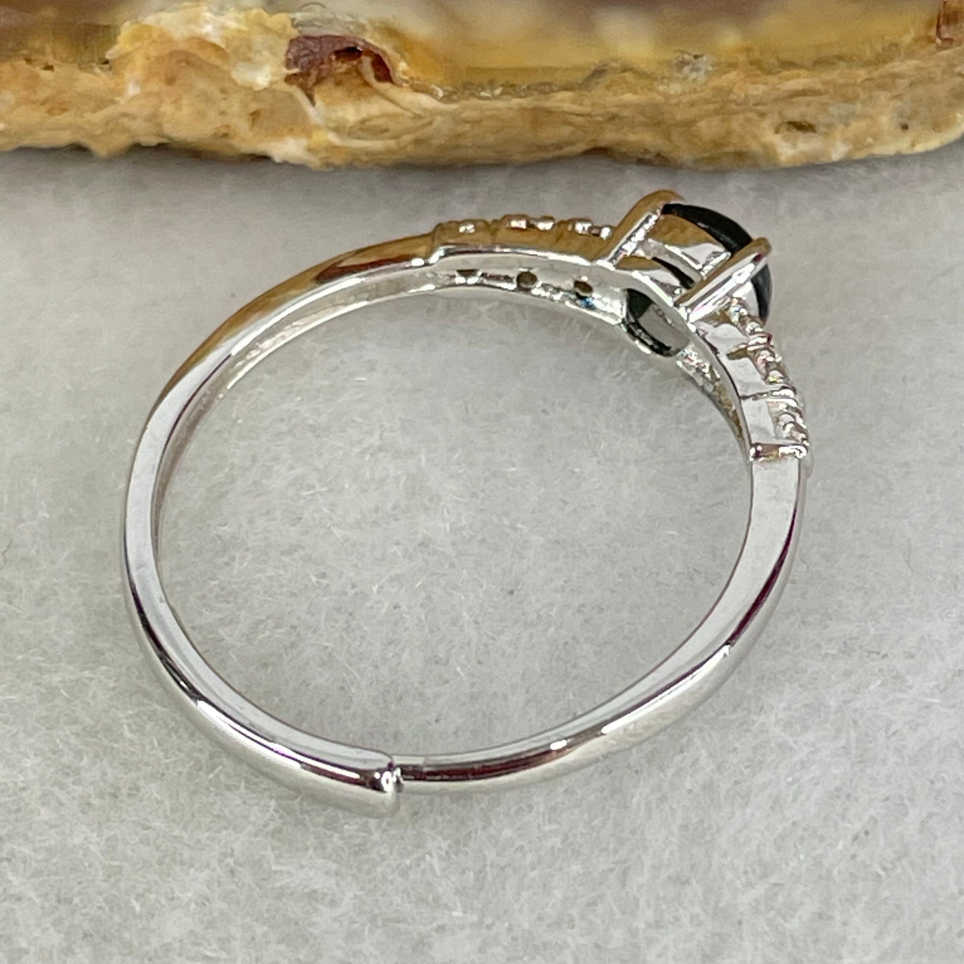 Type A Dark Green Cabochon Jadeite in S925 Sliver Ring (Adjustable Size) 1.22g 4.3 by 2.0mm - Huangs Jadeite and Jewelry Pte Ltd