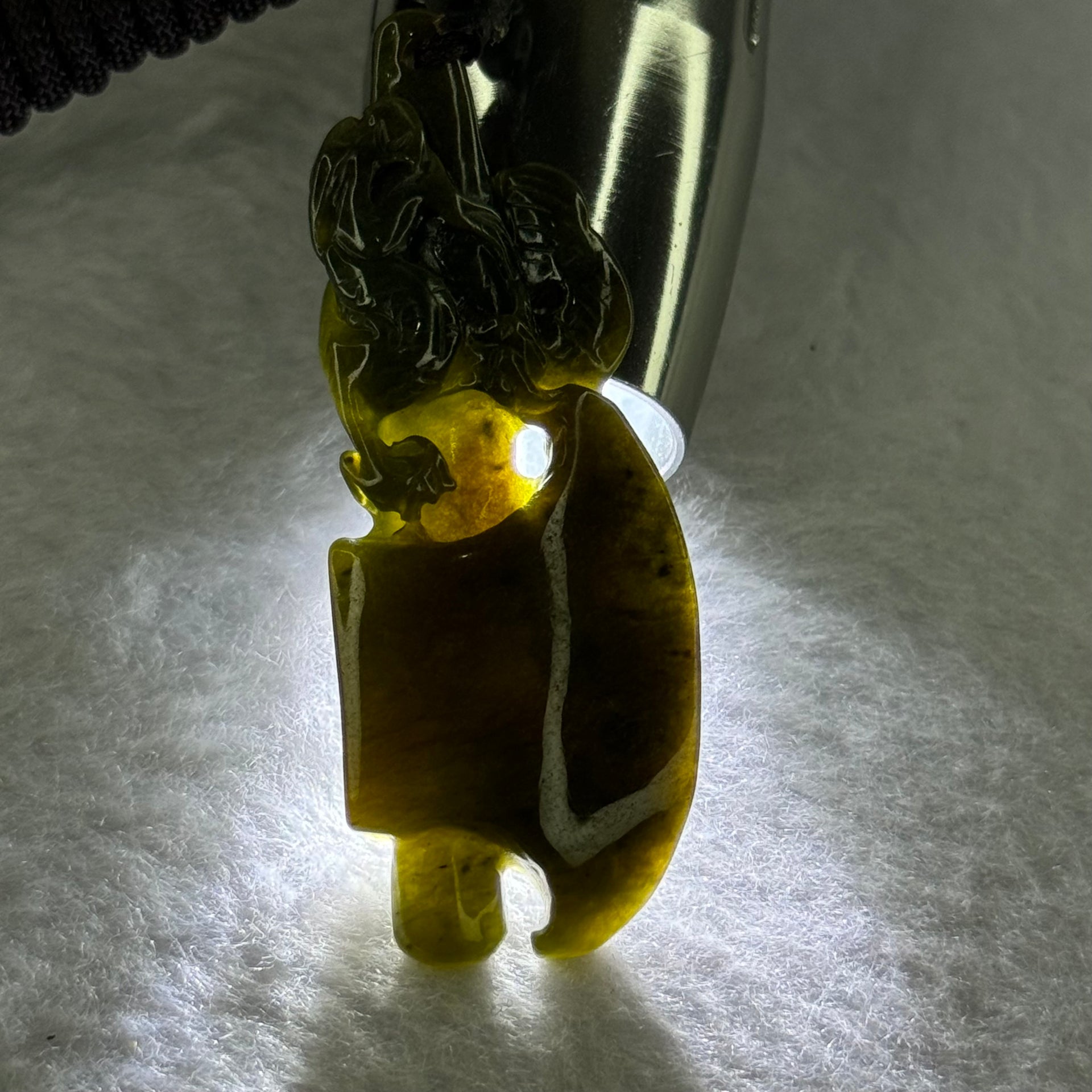 Type A Dark Yellowish Green Jadeite Dragon on Axe Pendent 14.34g 58.8 by 22.0 by 7.7mm - Huangs Jadeite and Jewelry Pte Ltd