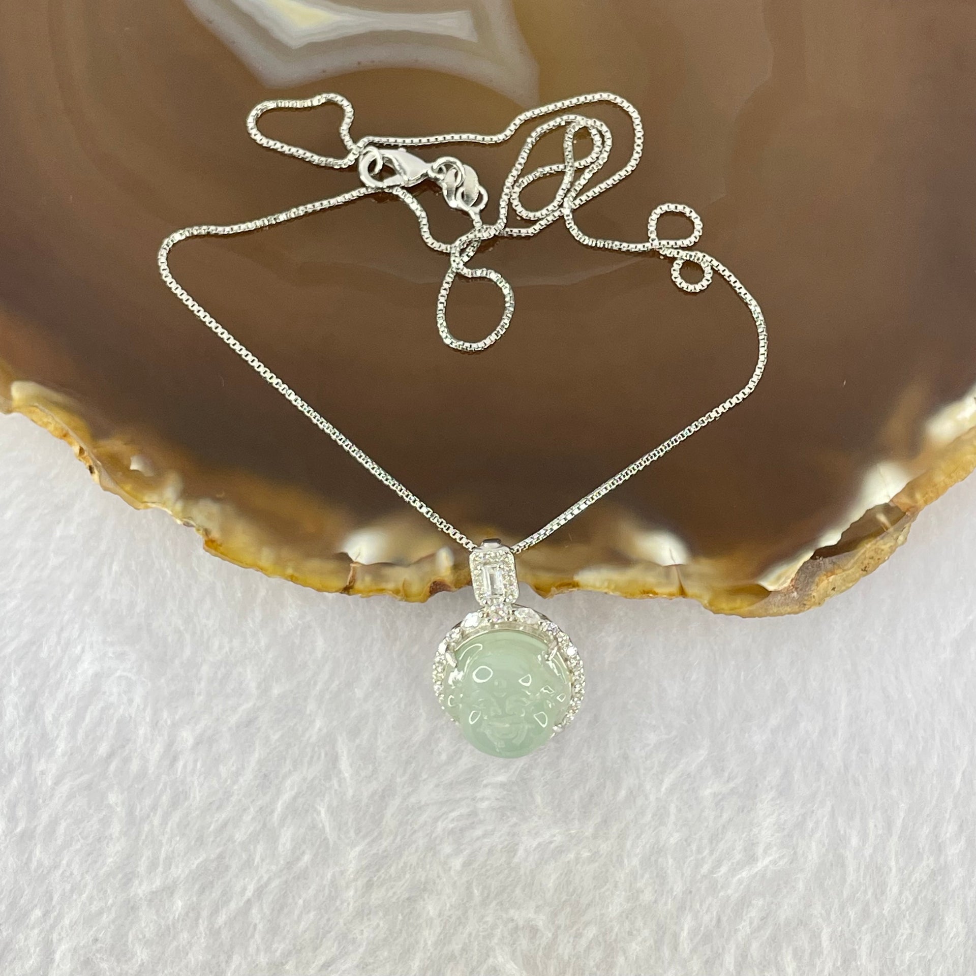 Type A Semi Icy Light Blueish Green Milo Buddha with Crystals in S925 Sliver Pendant and Necklace 6.13g 14.9 by 14.9 by 7.8mm - Huangs Jadeite and Jewelry Pte Ltd