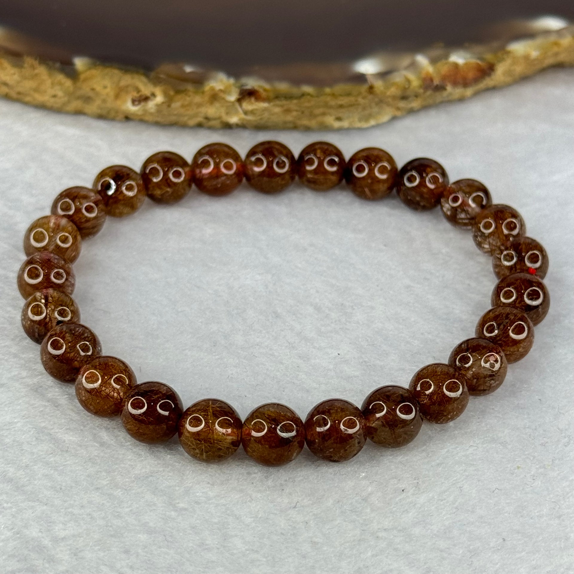 Natural Copper Rutilated Quartz Beads Bracelet 天然銅髮晶手镯 16.22g 16cm 7.9mm 25 Beads - Huangs Jadeite and Jewelry Pte Ltd