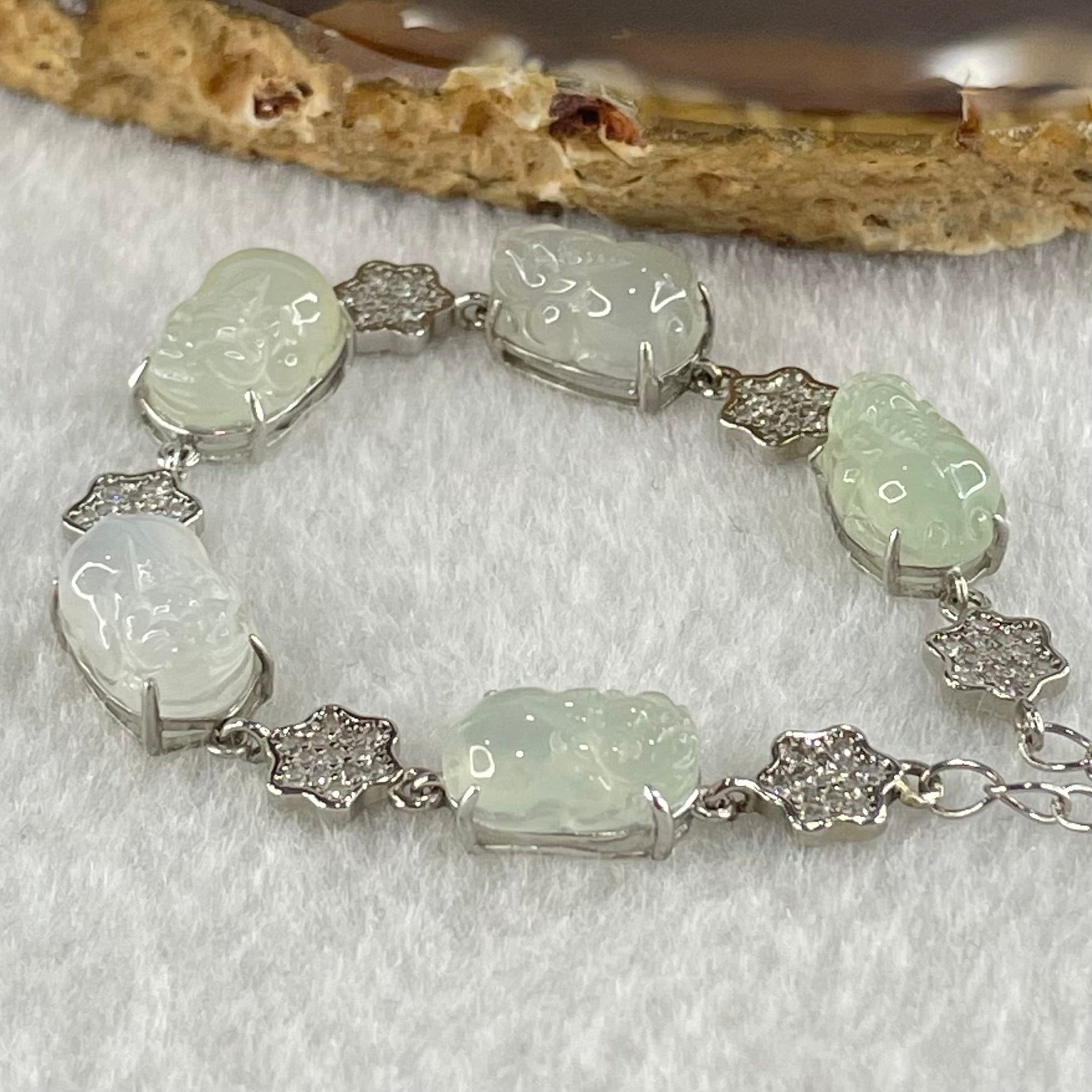 Type A Icy Faint Green and Faint Lavender to Colourless Jadeite 5 Pixiu S925 Silver Bracelet 6.61g 11.1 by 7.8 by 4.8mm - Huangs Jadeite and Jewelry Pte Ltd