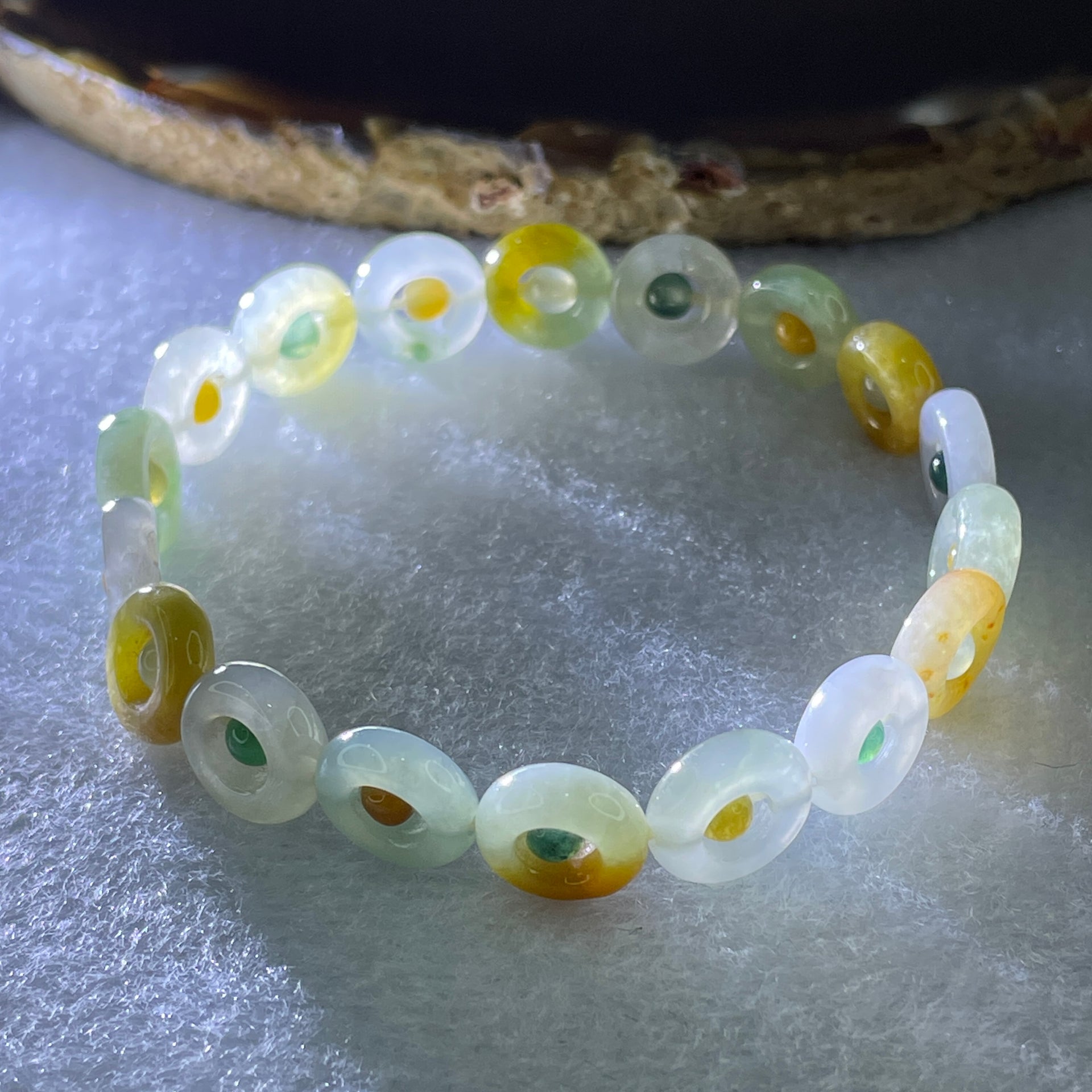 Natural Type A Muti Green with Lavender Yellowish Jadeite Donut Bracelet 12.17g 15.5cm 9.9 by 3.2mm 18 Ping An Kow - Huangs Jadeite and Jewelry Pte Ltd