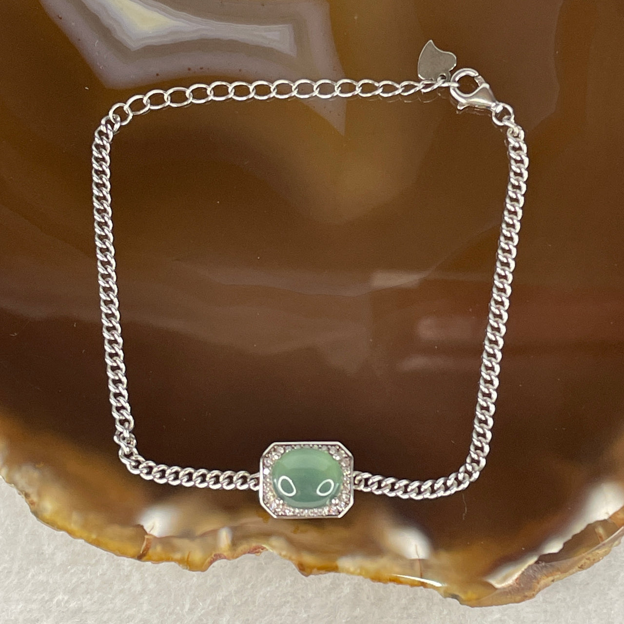 Natural Type A Semi-Icy Blueish Green Jadeite Cabochon Bracelet | S925 Sterling Silver Adjustable 13-16cm Petite Glacial Ocean Luxury Charm (3.70g 9.0x7.7x4.5mm)