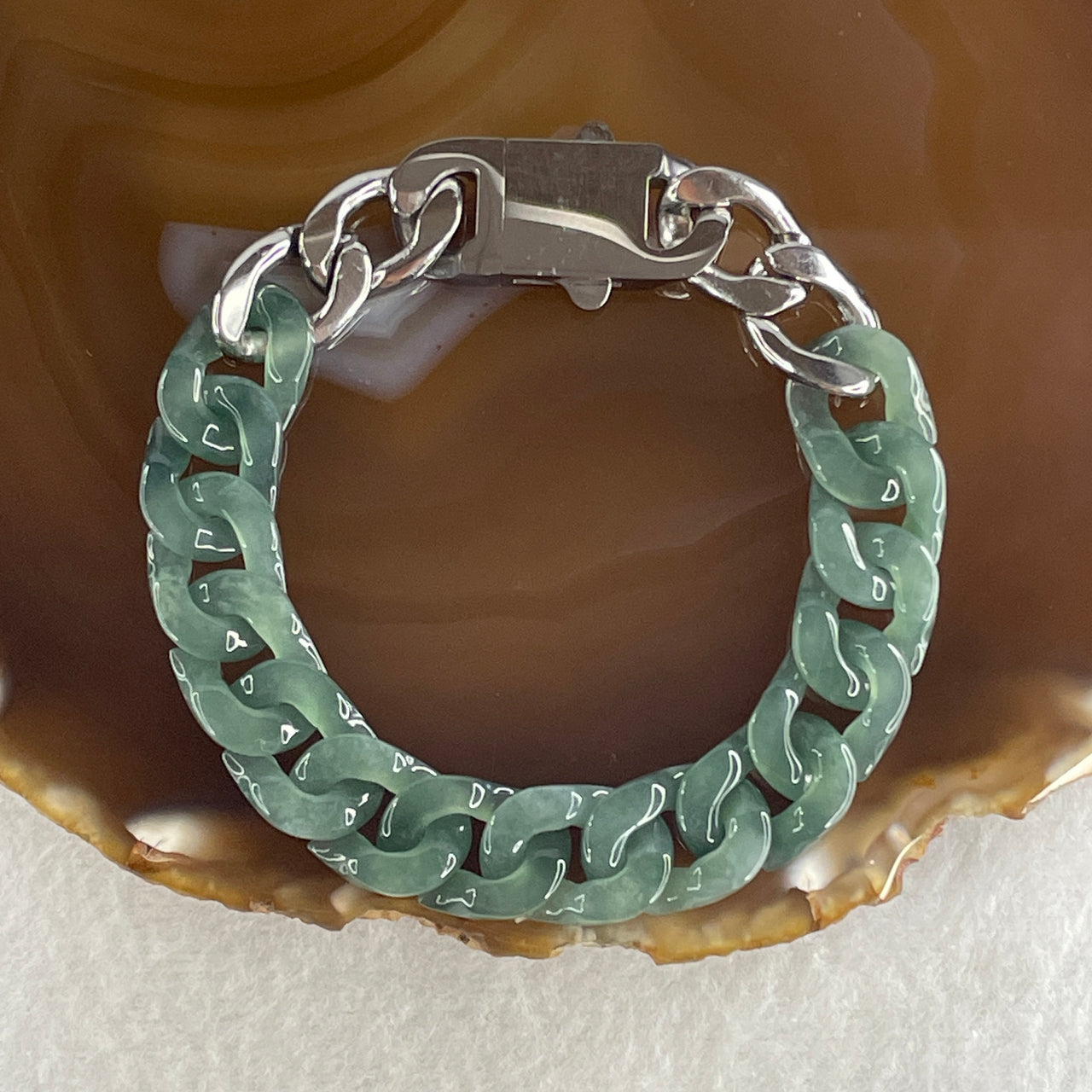 Certified Natural Type A Semi Icy Blueish Green Jadeite Cuban Tennis Bracelet with Metal Clap 30.93g 17.5cm 12.8 by 17.5 by 4.1mm 14 Pcs