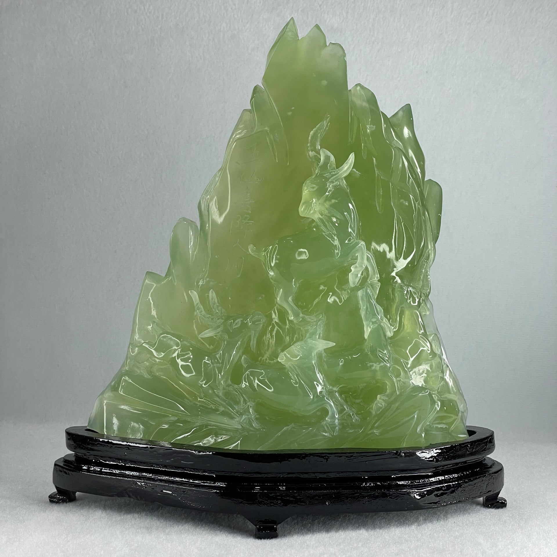 Natural Semi Icy Green Serpentine 5 Deers on Shanshui with Wooden Stand Display 1,293.6g 205.0 by 72.0 by 215.0mm - Huangs Jadeite and Jewelry Pte Ltd