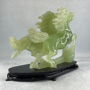 Natural Semi Icy Green Serpentine Double Horse with Wooden Stand Display 1119.9g 190.0 by 166.0 by 96.0mm - Huangs Jadeite and Jewelry Pte Ltd