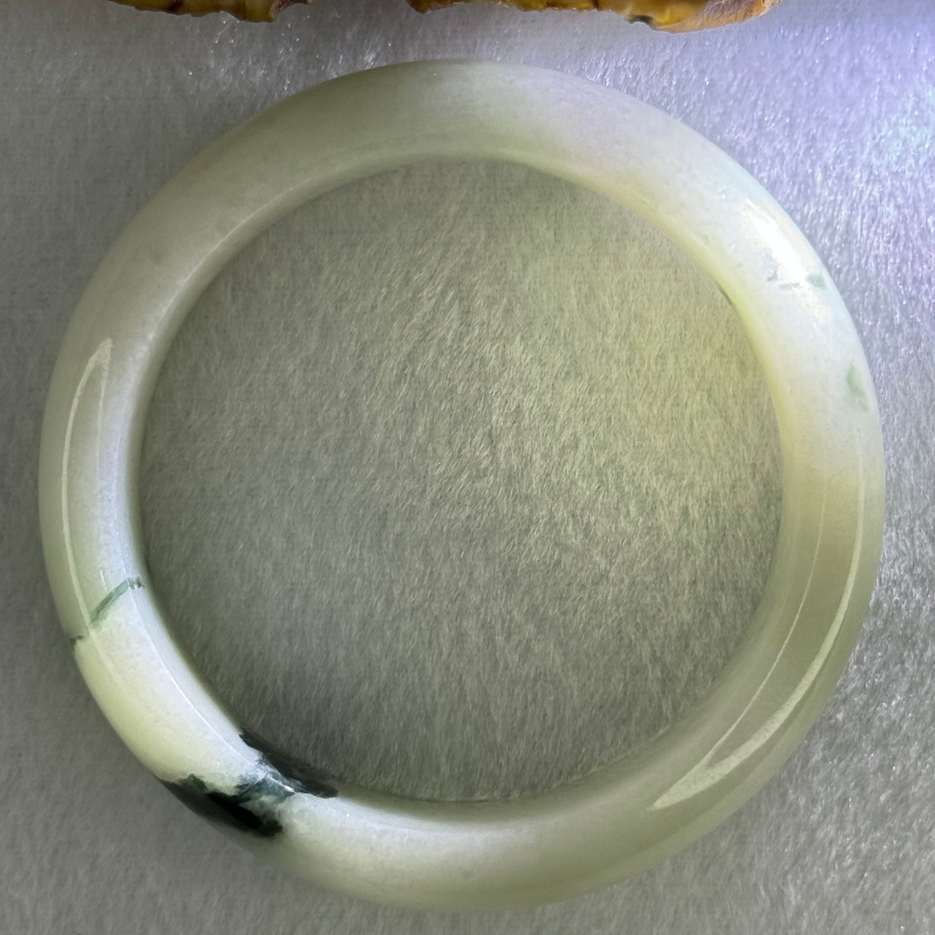 Type A Light Green with Moss Green Patches Jadeite Bangle Internal Diameter 56.5mm 75.29g 16.4 by 8.4mm (Slight Internal Line) - Huangs Jadeite and Jewelry Pte Ltd