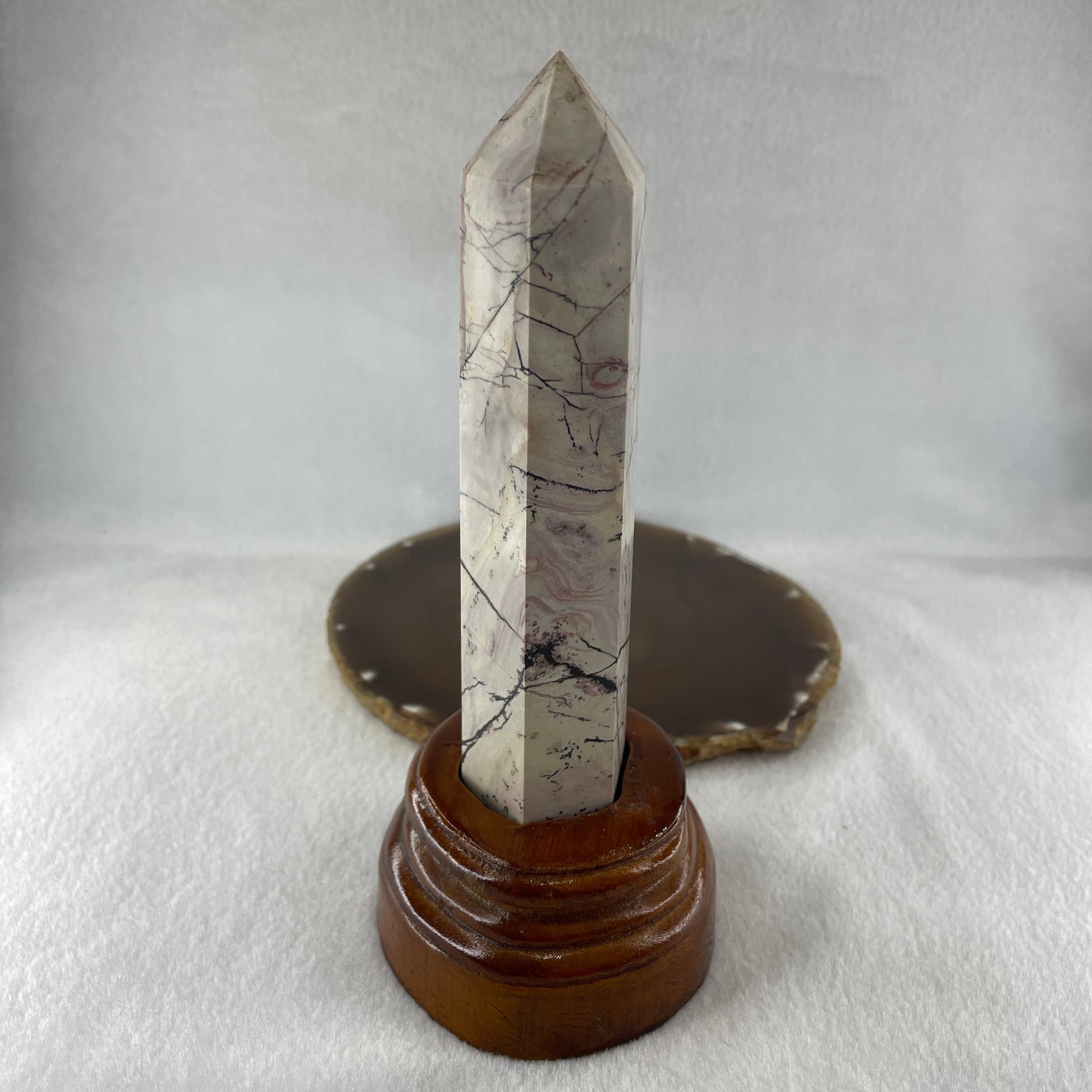 Natural Ligh Brown with Dark Brown Patches Dendritic Jasper Tower with Wooden Stand 403.60g 84.0 by 75.9 by 175.0mm - Huangs Jadeite and Jewelry Pte Ltd