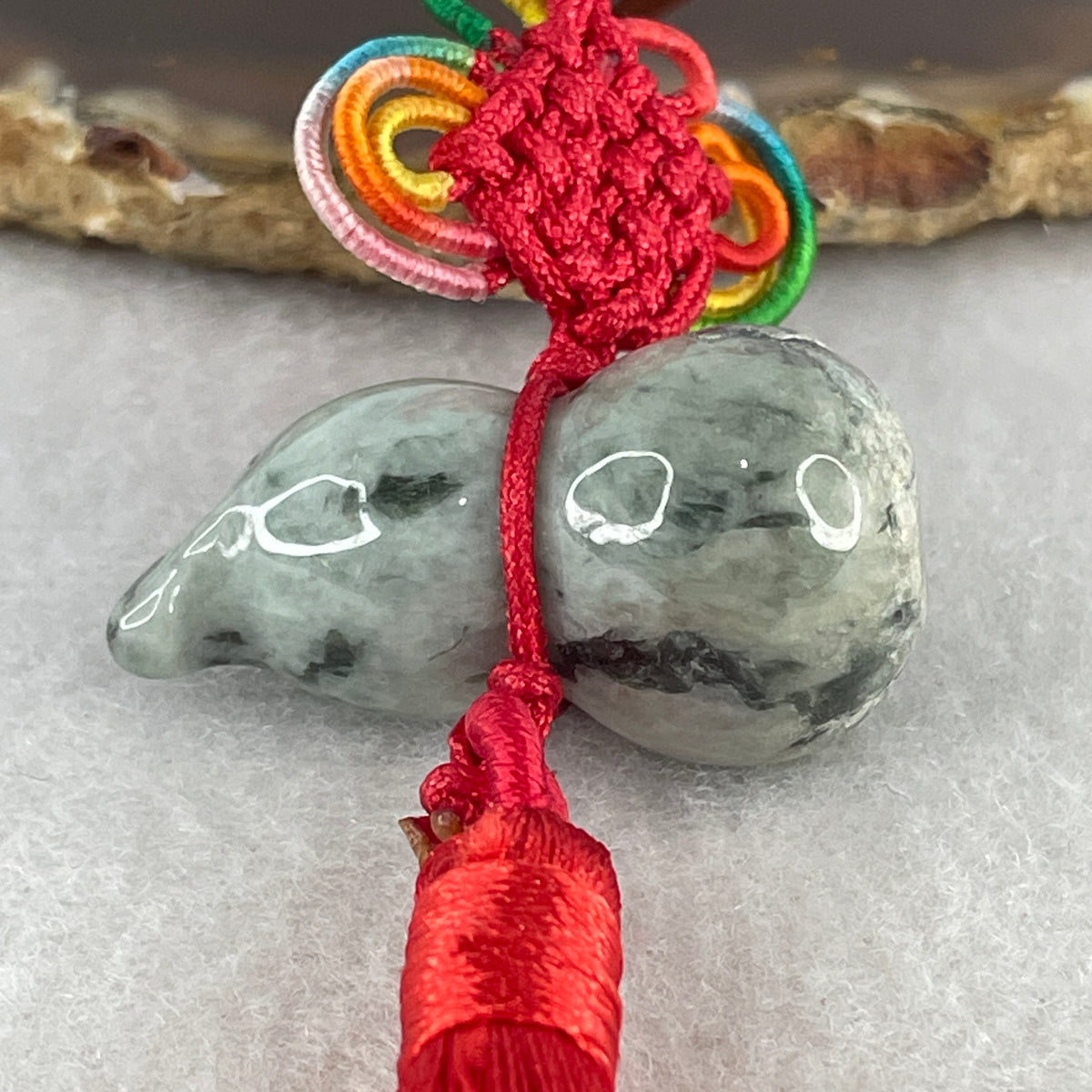 Natural Type A Green with Wuji Black Jadeite Hulu Charm Display | Gourd Health, Wealth Accumulation & Protection (16.61g | 32.2 x 17.0mm | Slight Rough) - Huangs Jadeite and Jewelry Pte Ltd