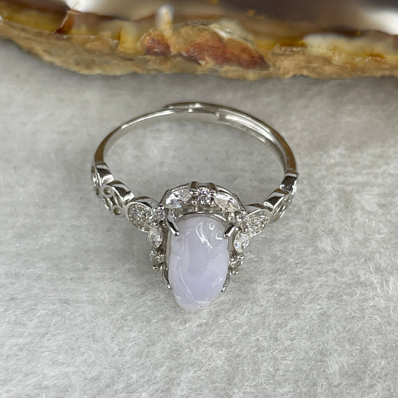 Type A Light Lavender Jadeite Money Frog Ring | Translucent Wealth-Attracting Jin Chan Carving | Solid S925 Sterling Silver Setting | Adjustable Sizing (2.36g 9.2x5.2x3.5mm)