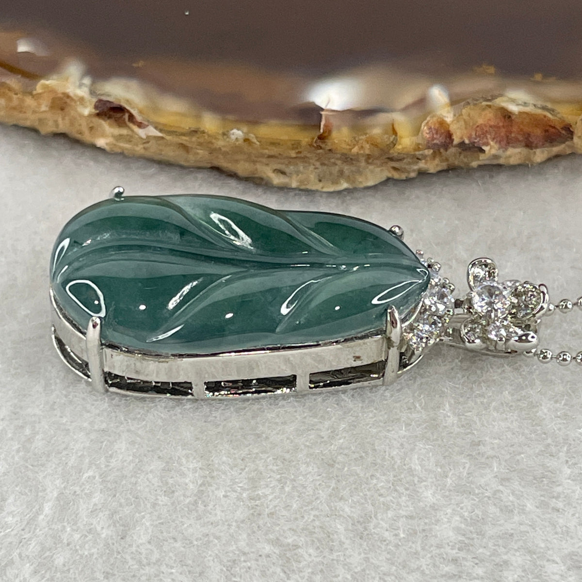 Natural Type A Blueish Green Jadeite Leaf Necklace in S925 Silver | (9.64g | 44cm S925 | 29.8 x 16.5 x 3.5mm | Career Success & Growth Anchor, Feng Shui Prosperity & Executive Charm Necklace) - Huangs Jadeite and Jewelry Pte Ltd