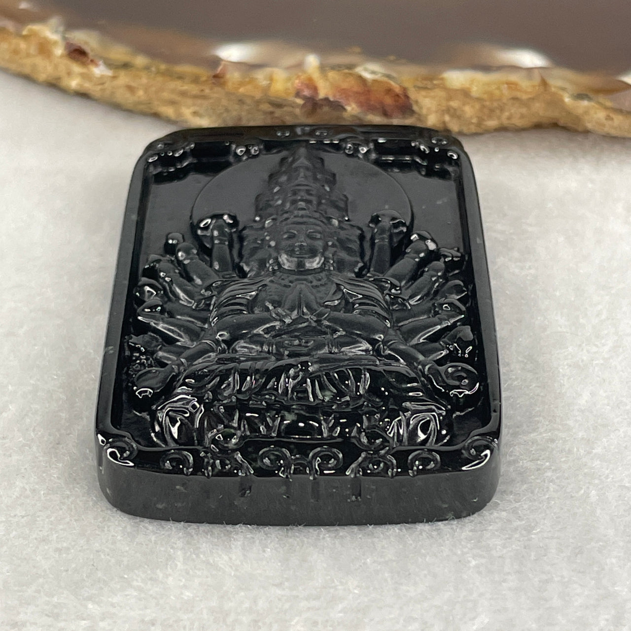 Blessing, Harmony and Fortune - Certified Natural Type A Black Omphacite Jadeite Thousand Hand Guan Yin Pendant 31.55g 55.7 by 37.5 by 9.0mm