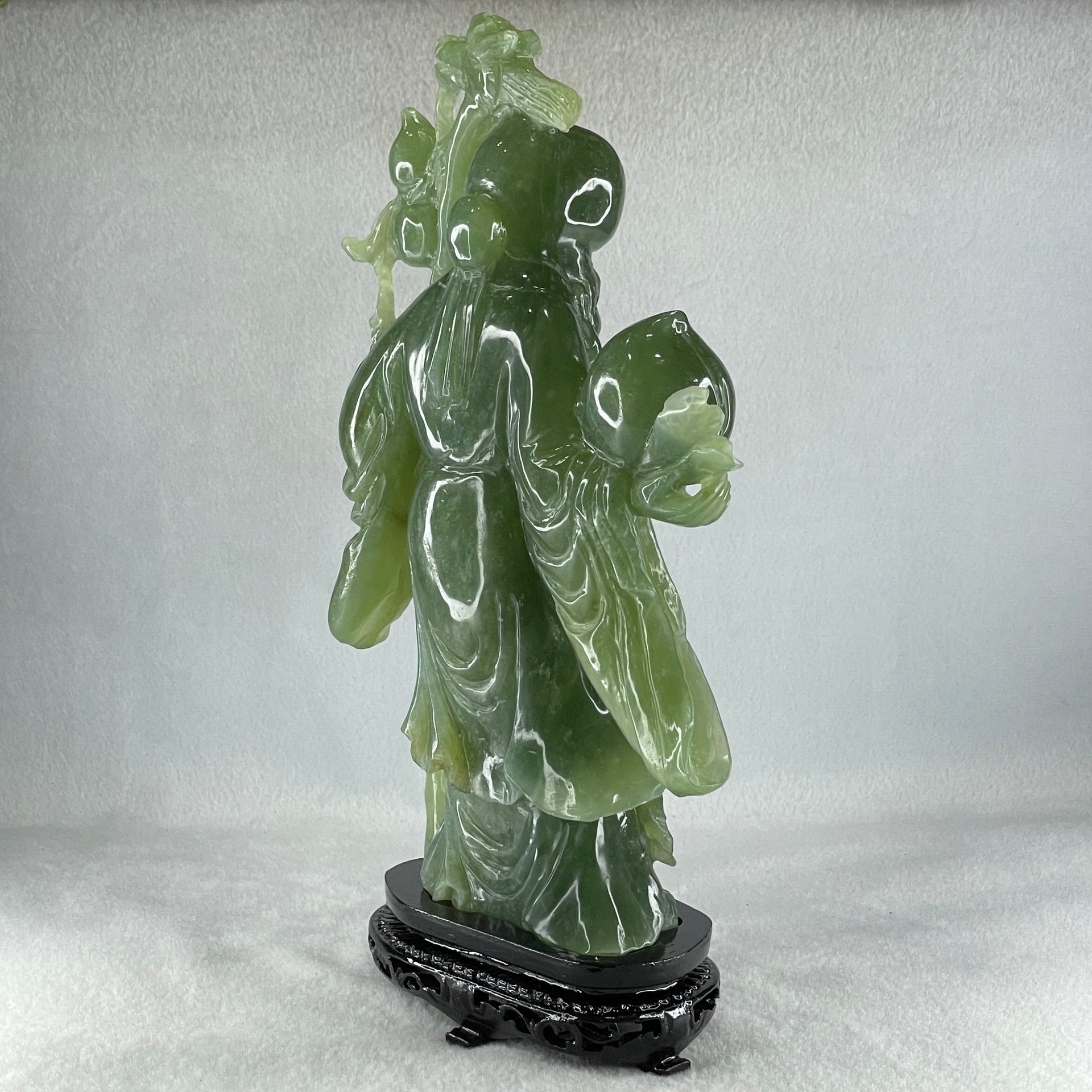 Natural Dark Green Serpentine Shou Xing Gong with Longevity Peach with Wooden Stand Display 1,383.8g 167.0 by 265.0 by 62.0mm - Huangs Jadeite and Jewelry Pte Ltd