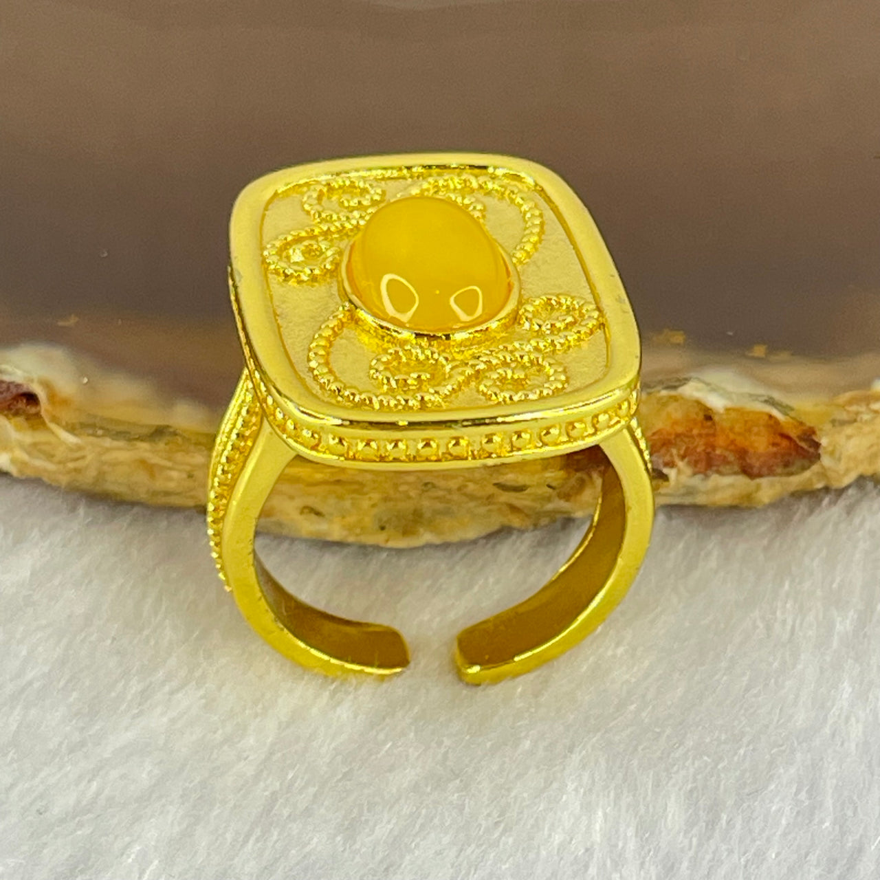 Natural Butterscotch Amber in  Sliver Gold Color Ring (Adjustable Size) 7.59g by 10.5 by 6.7 by 3.0mm - Huangs Jadeite and Jewelry Pte Ltd