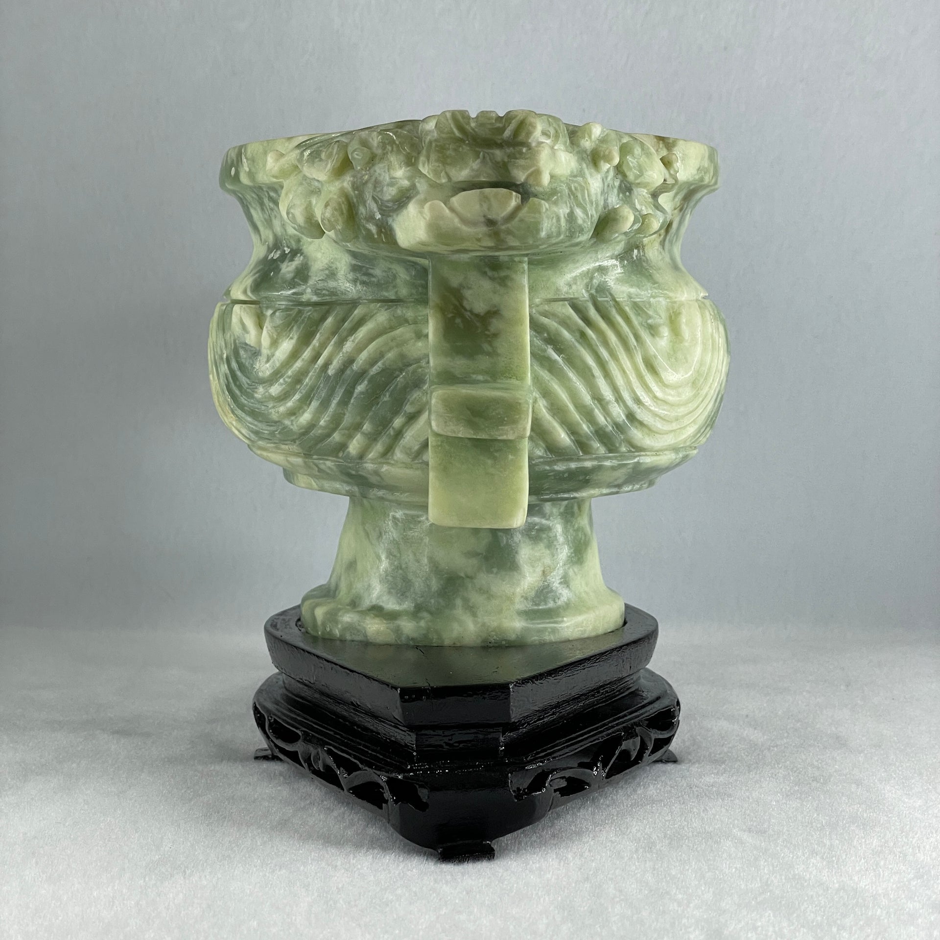 Natural Green with White Piao Hua Serpentine Double Dragon Head on Wealth Pot with Wooden Stand Display 2,463.9g 231.0 by 127.0 by 156.0mm - Huangs Jadeite and Jewelry Pte Ltd