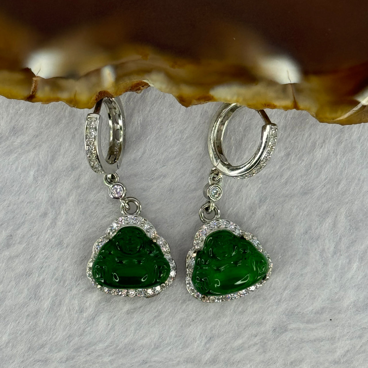 Type A Icy Green Omphasite Jadeite Milo S925 Sliver Earrings 3.64g by 8.7 by 10.6 by 2.5mm  2pcs - Huangs Jadeite and Jewelry Pte Ltd