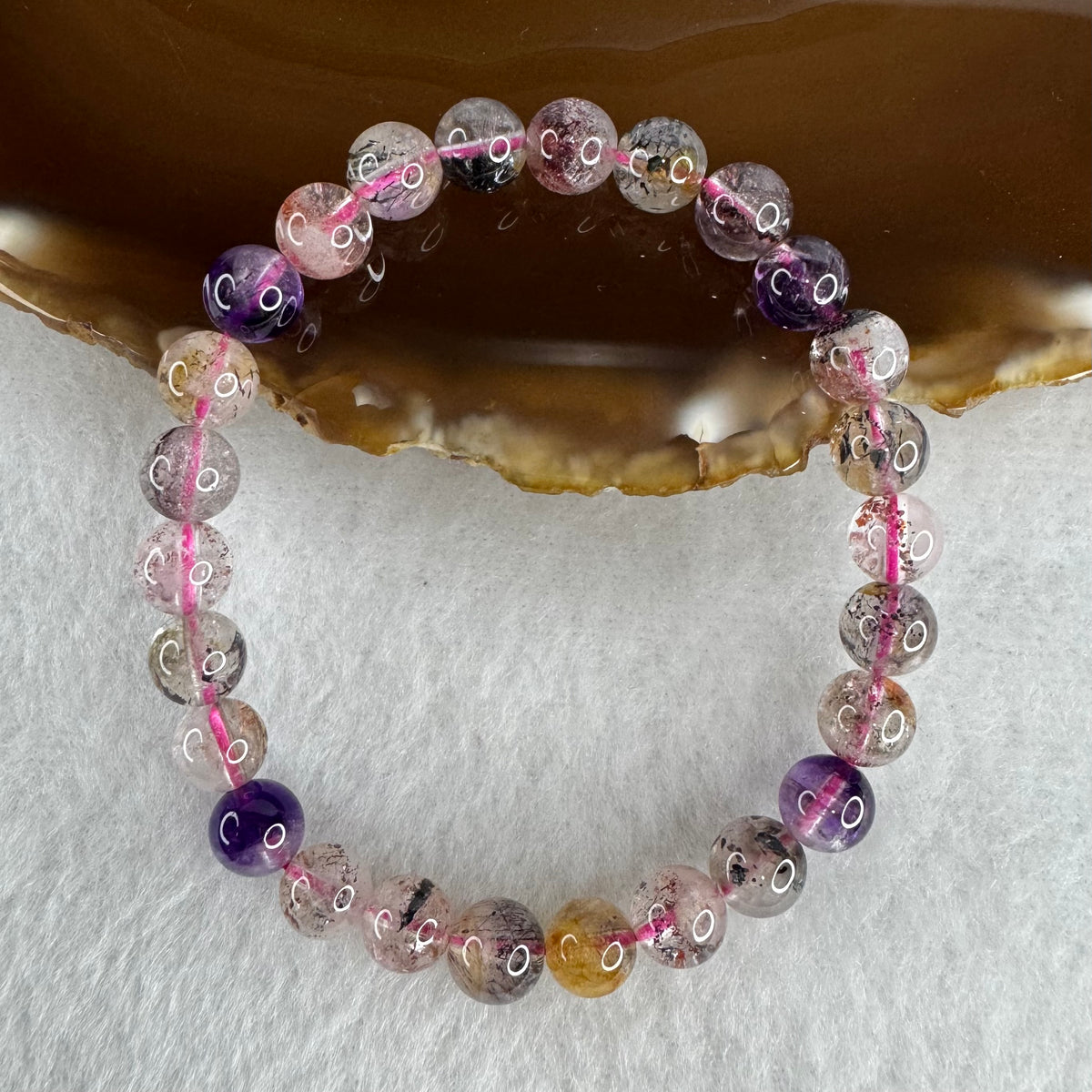 Certified Above Average Grade Natural Super 7 Crystal Beads Bracelet | 7.4mm Dainty Sacred 7-Mineral Synergy Power (13.30g | 15.5cm Petite Wrist Sizing | 26 Beads)