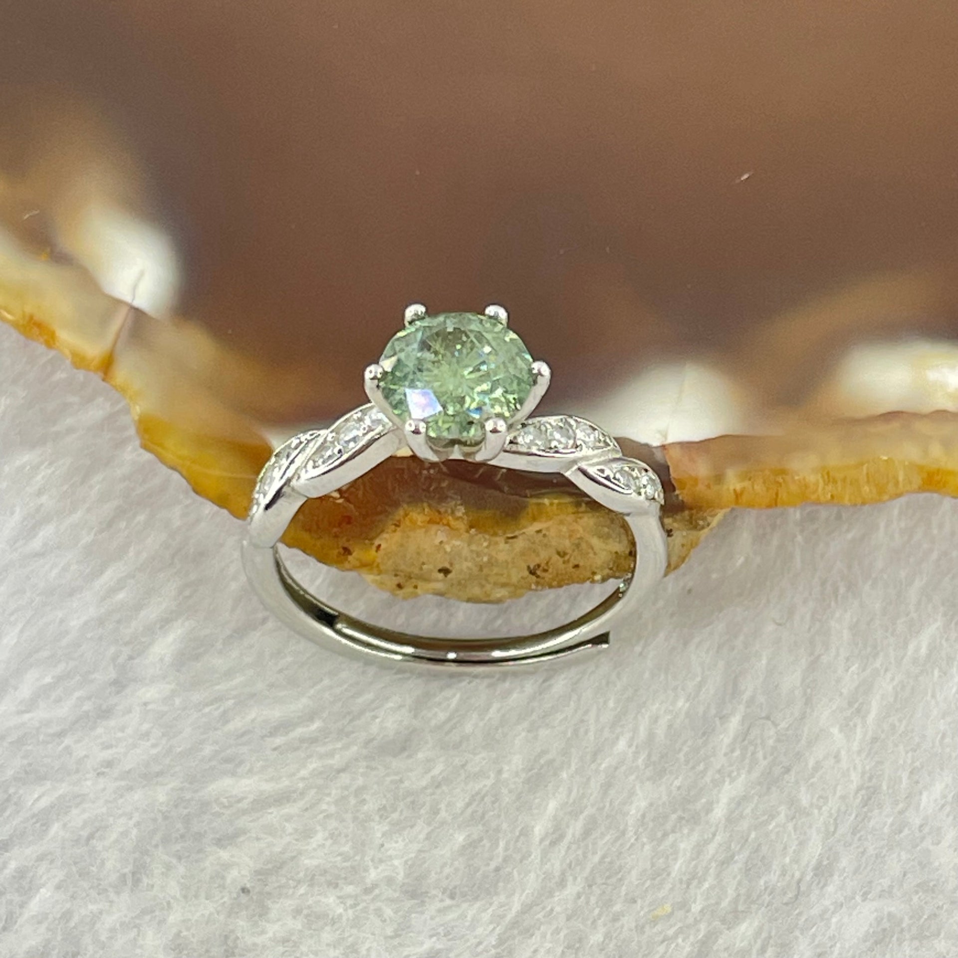 Blueish Green Cubic Zirconia 6.2 by 2.6mm with Crystals In S925 Sliver Ring (Adjustable Size) 1.51g - Huangs Jadeite and Jewelry Pte Ltd