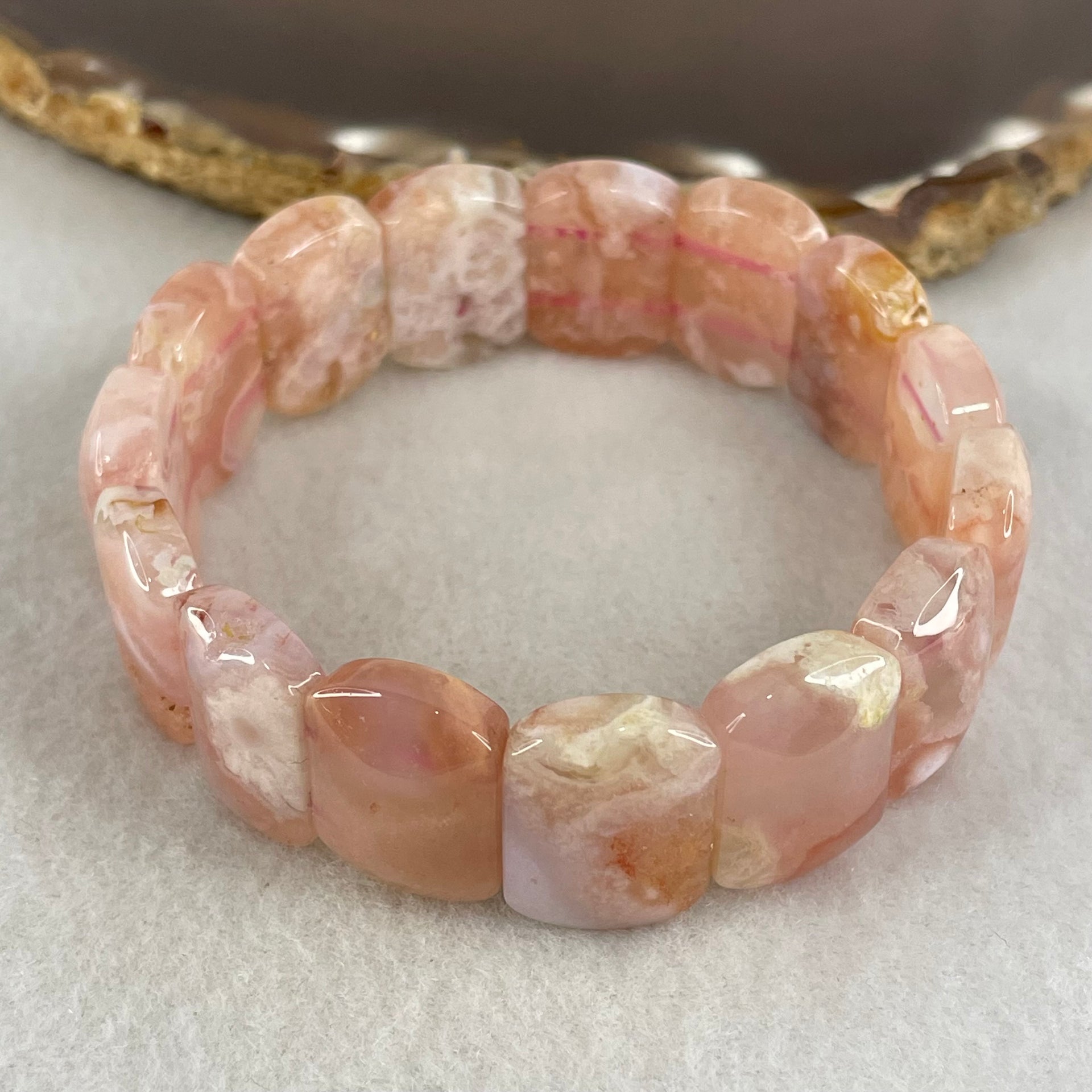 Above Average Natural Pink Flower Agate Shou Pai Bracelet 38.91g 17cm 18.0 by 13.1mm 15 Pieces (Slight External Rough) - Huangs Jadeite and Jewelry Pte Ltd
