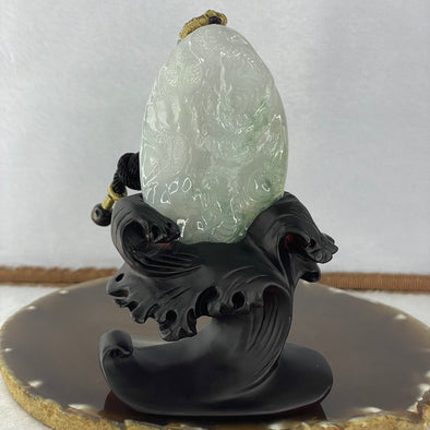 Grand Master Type A Semi Icy Lavender Green Piao Hua Jadeite Dragon Pendant Display 63.76g 70.9 by 11.8 by 12.7mm with Wooden Stand - Huangs Jadeite and Jewelry Pte Ltd