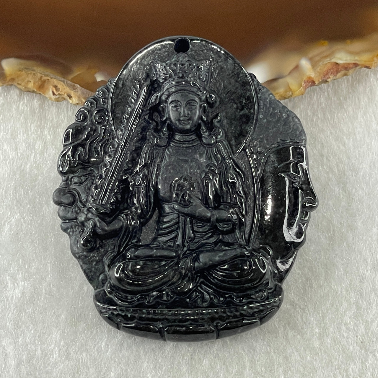 Type A Opaque Black Omphacite Jadeite Good Vs Evil Akasagarbha Bodhissattva Pendant Ox and Tiger Zodiac Guardian 39.80g 50.8 by 43.7 by 11.4mm - Huangs Jadeite and Jewelry Pte Ltd