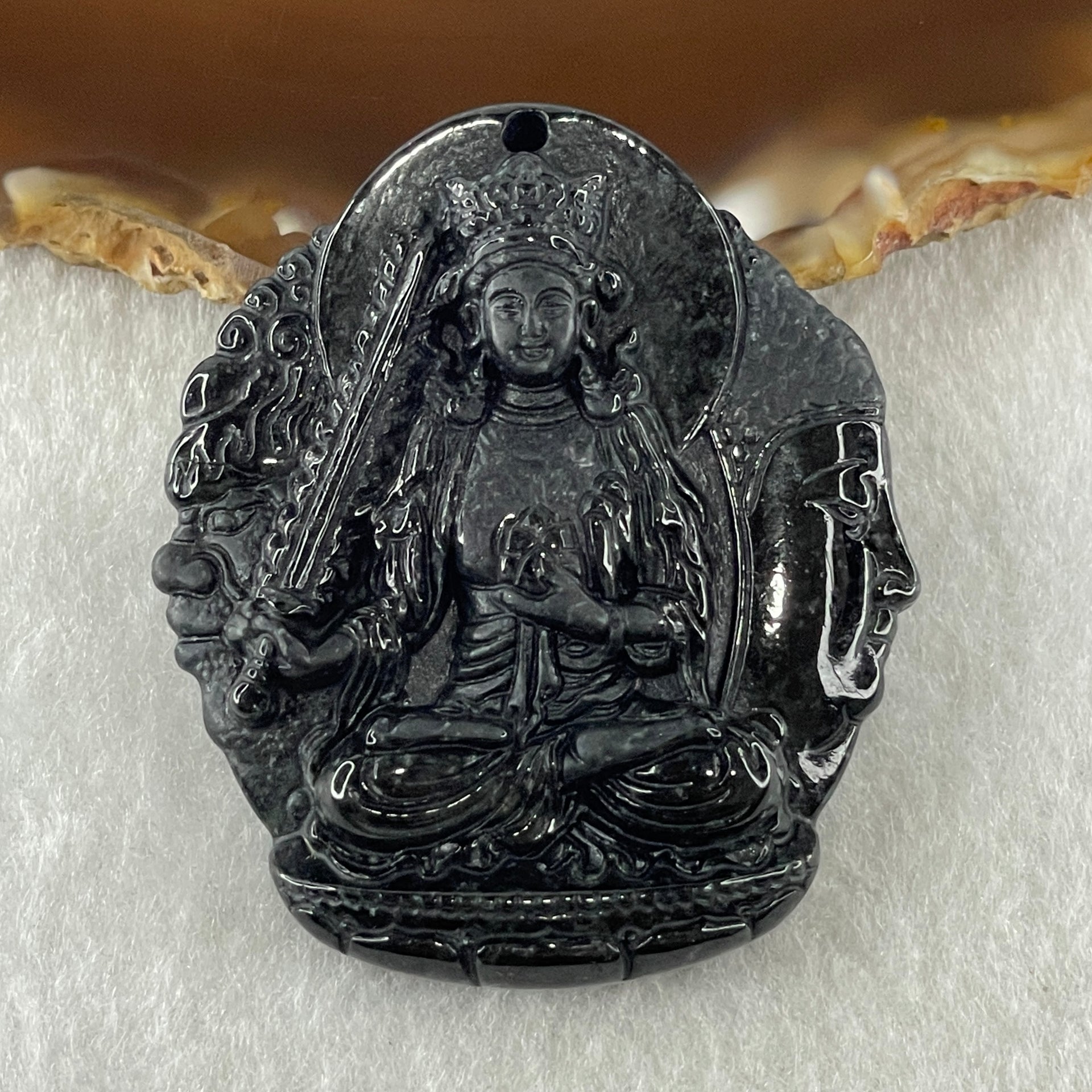 Type A Opaque Black Omphacite Jadeite Good Vs Evil Akasagarbha Bodhissattva Pendant Ox and Tiger Zodiac Guardian 39.80g 50.8 by 43.7 by 11.4mm - Huangs Jadeite and Jewelry Pte Ltd