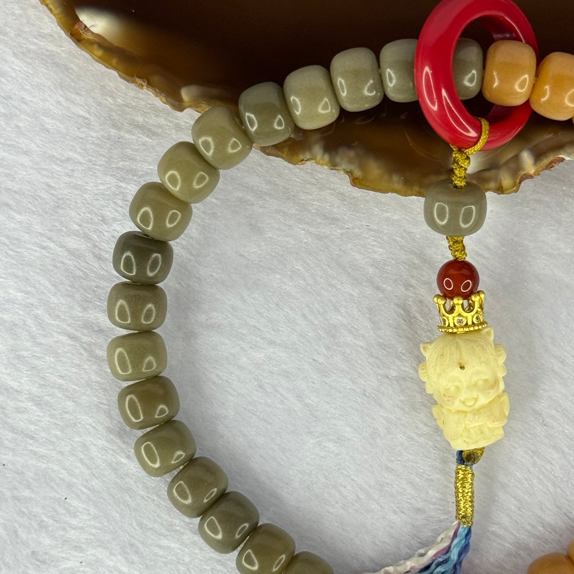 Type A Mixed Colour Bodhi Beads with Ivory Fruit 9 Tail Fox and Hong Zhu Sha Handplay 29.83g 9.4mm 36+2 Beads - Huangs Jadeite and Jewelry Pte Ltd