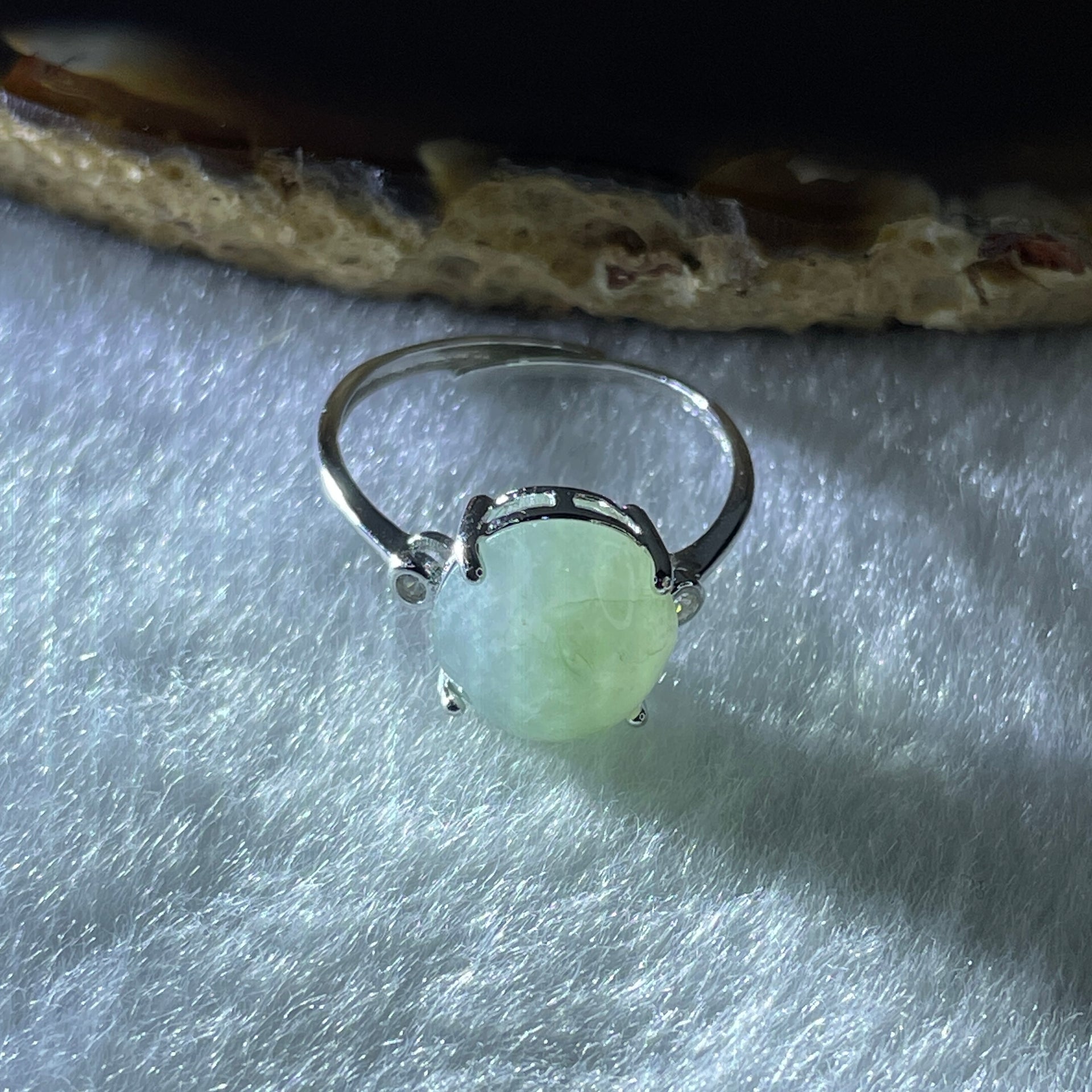 Natural Type A Semi Icy Faint Green Jadeite Oval Shape Cabouchon in S925 Silver Ring (Adjustable Size) 2.04g 11.0 by 9.4 by 5.5mm - Huangs Jadeite and Jewelry Pte Ltd