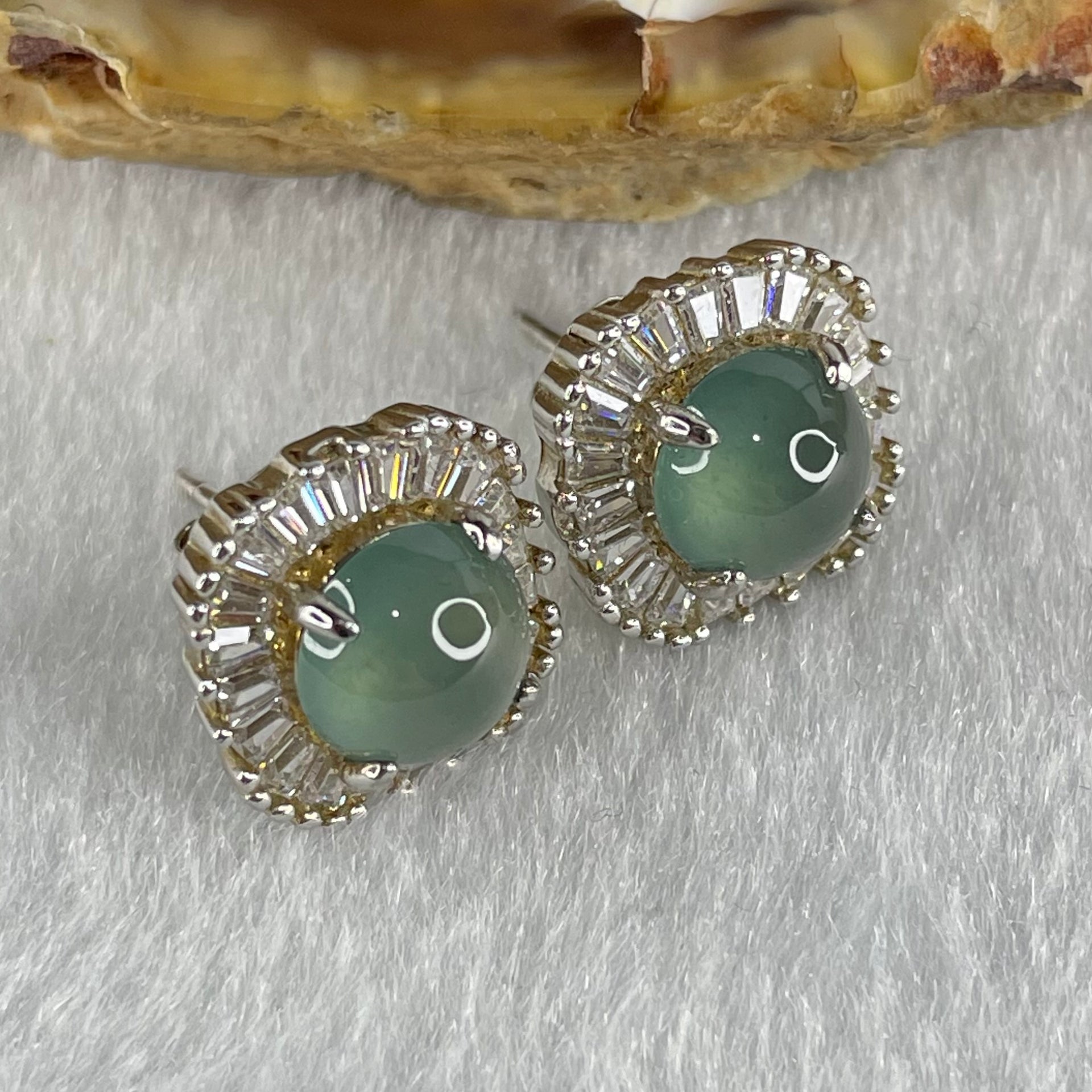 Type A Icy Blueish Green Jadeite Cabochons With Crystals in S925 Sliver Earrings 3.72g 7.1 by 4.5mm - Huangs Jadeite and Jewelry Pte Ltd