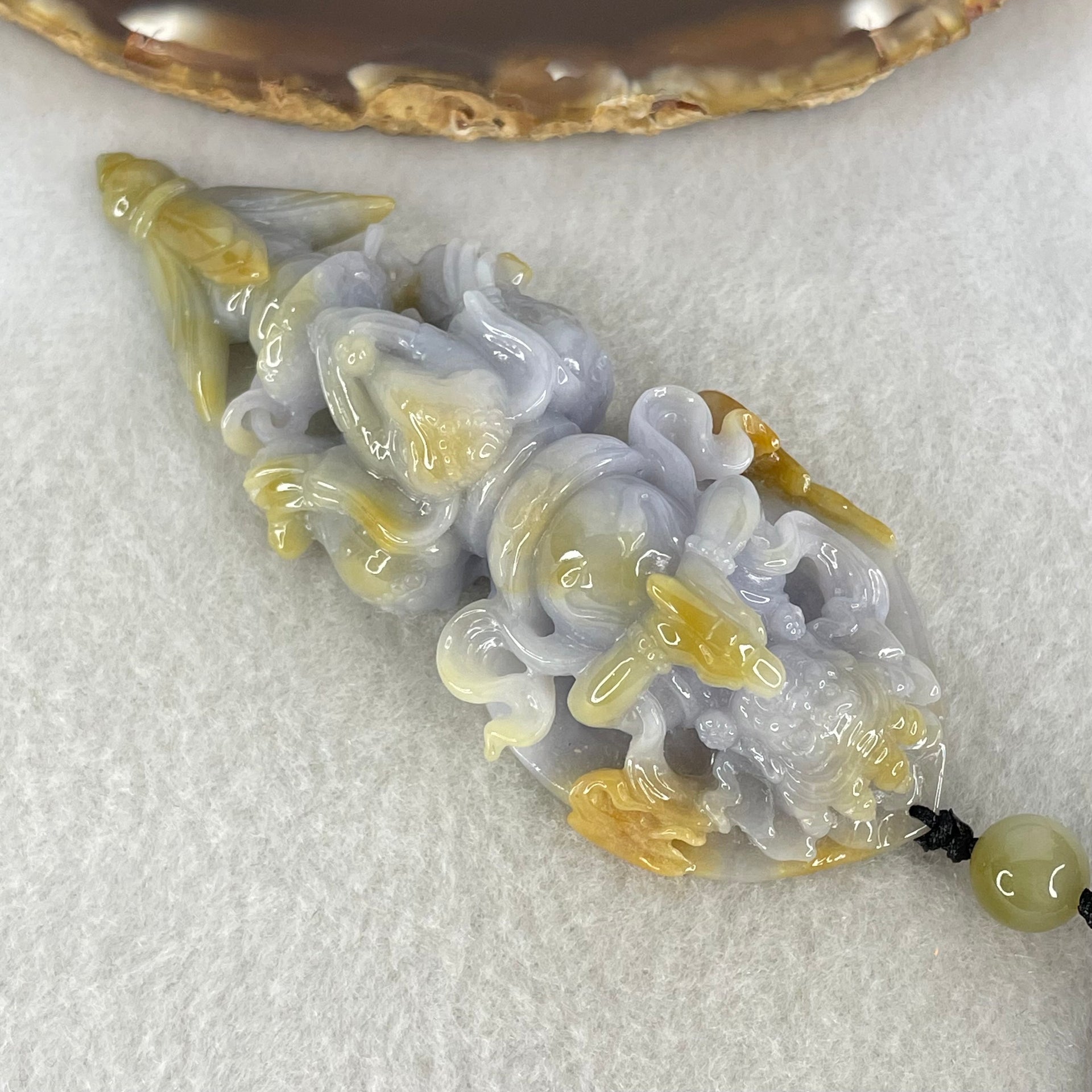 Type A Deep Lavender with Brownish Patches Jadeite Acala on 3 Elephants and Dagger Pendant Necklace 72.27g 89.6 by 34.0 by 20.3mm - Huangs Jadeite and Jewelry Pte Ltd