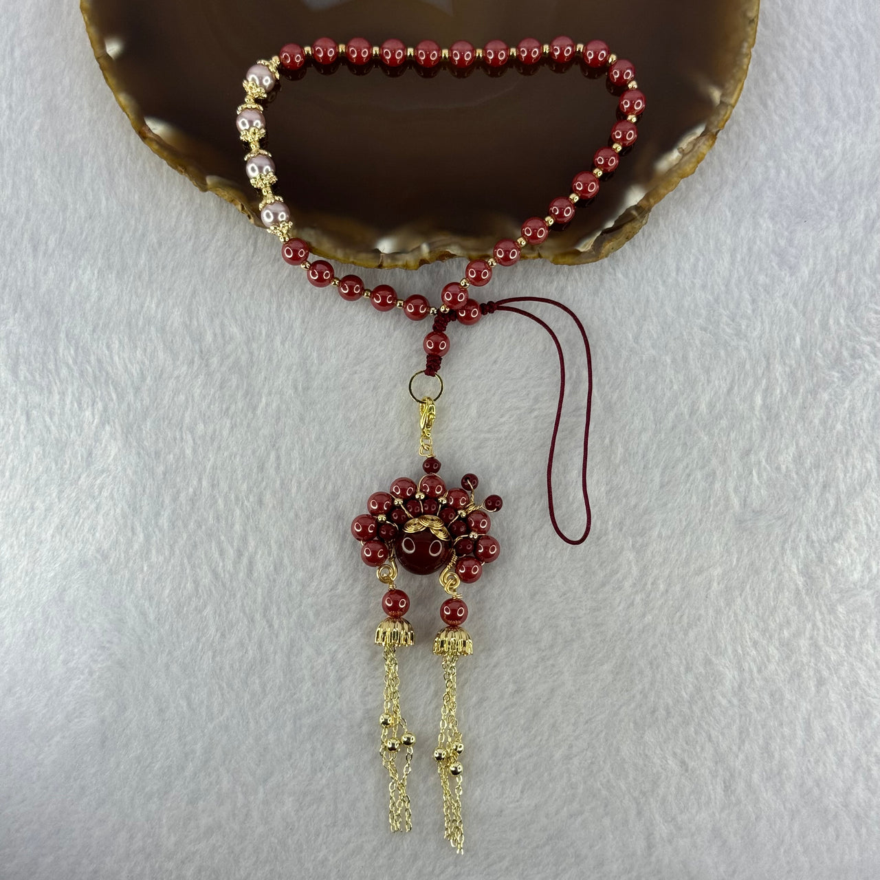 Natural Red Cinnabar Beads Princess Handphone Charm 25.90g 12.2mm - Huangs Jadeite and Jewelry Pte Ltd