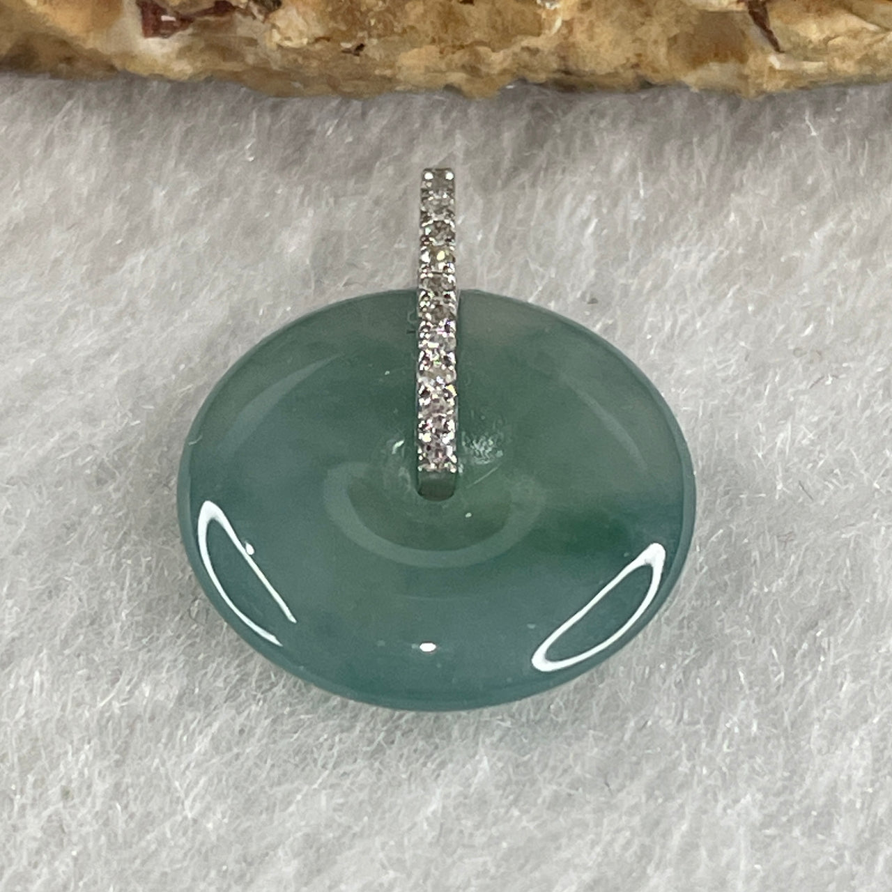 Certified Natural Type A Semi Icy Blueish Green Jadeite Ping An Kou Pendant in 18k White Gold Clasp 1.14g 13.2 by 2.7mm