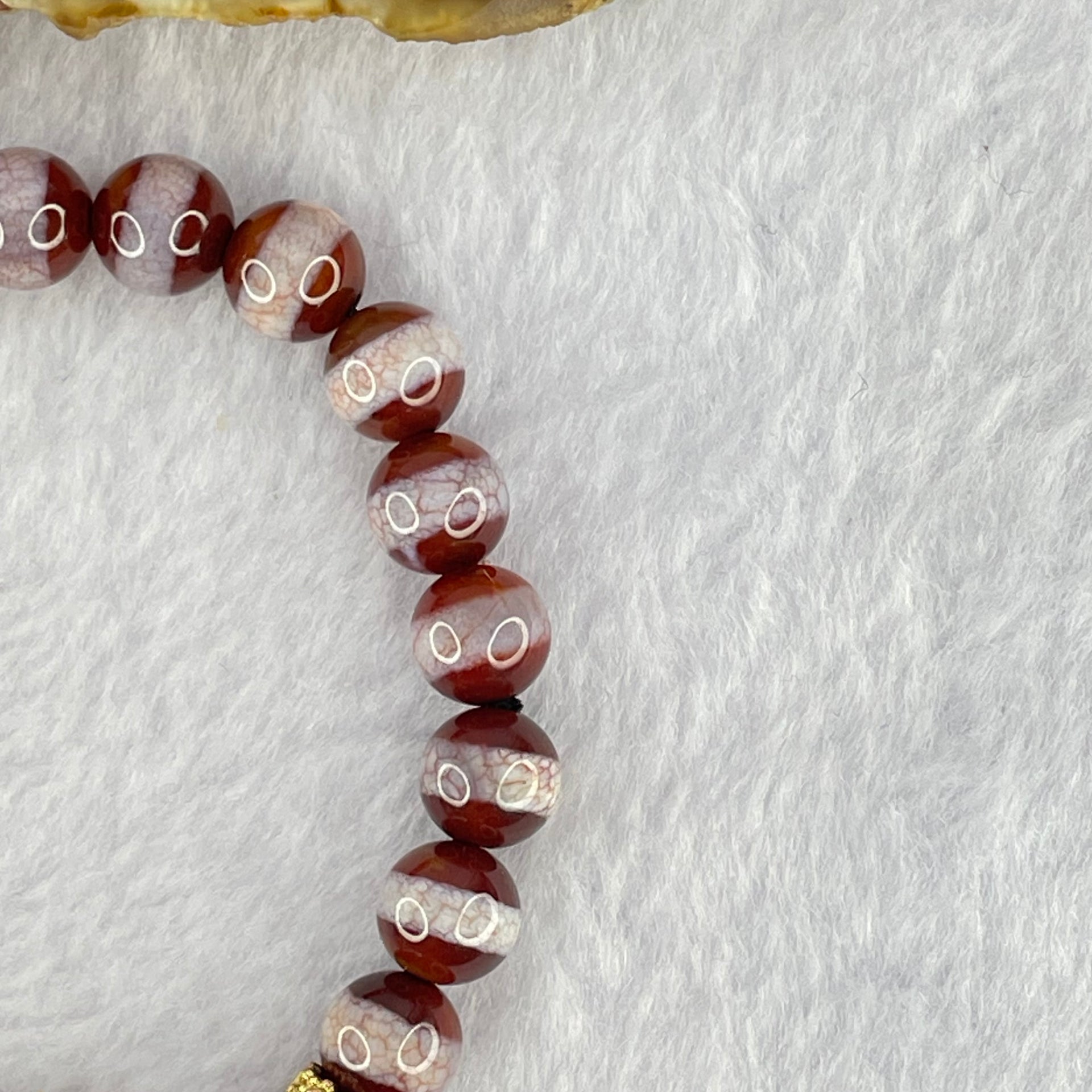 Natural Powerful Tibetan Old Oily Red White One Line Agate Dzi Bead Heavenly Master with Tibetan Bell Charm Bracelet (Tian Zhu) 天诛 19.36g 16.5cm 8.4mm 23 Beads - Huangs Jadeite and Jewelry Pte Ltd