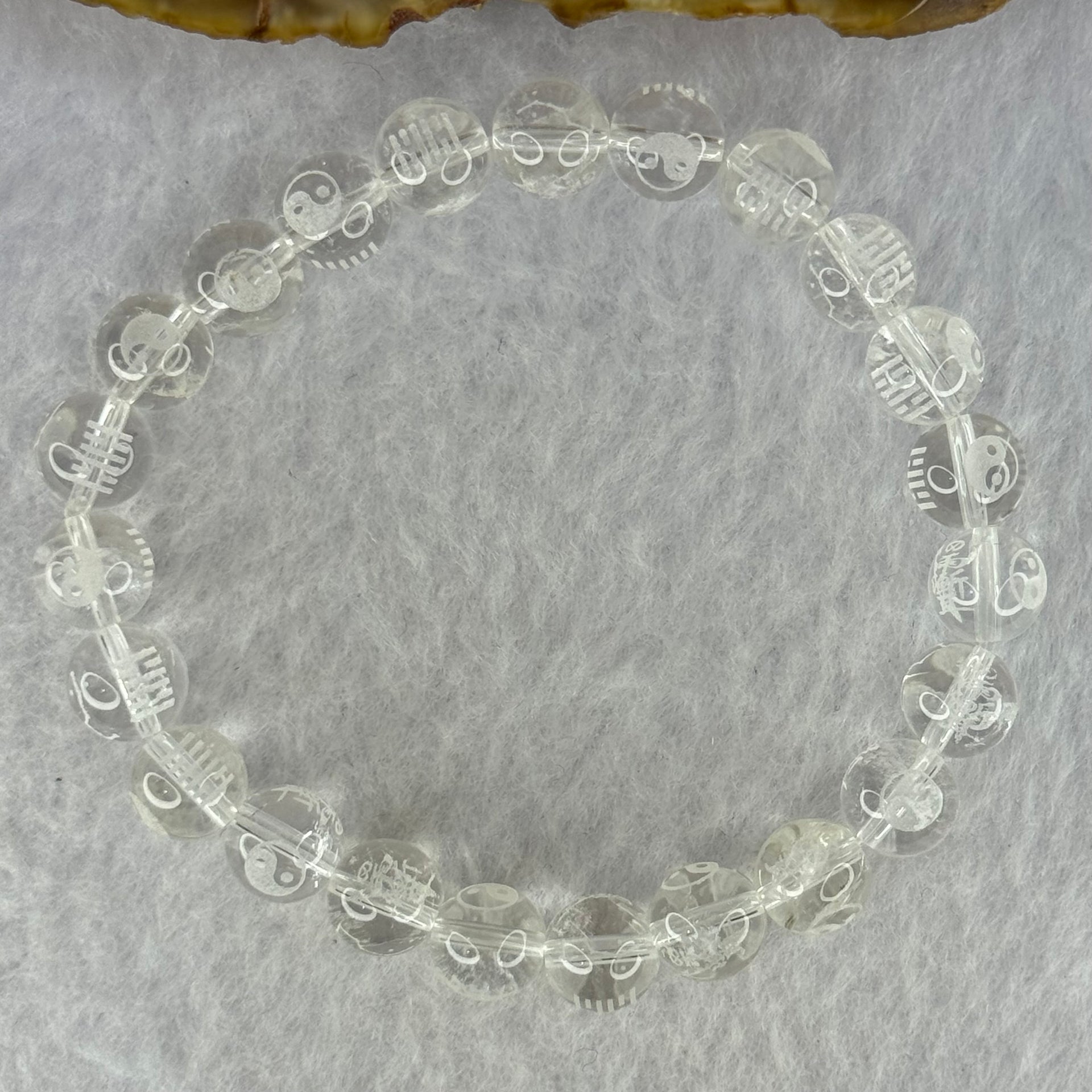 Natural Clear Quartz Beads with Inscription Bracelet 17.93 15.5cm 8.4mm 23 Beads - Huangs Jadeite and Jewelry Pte Ltd