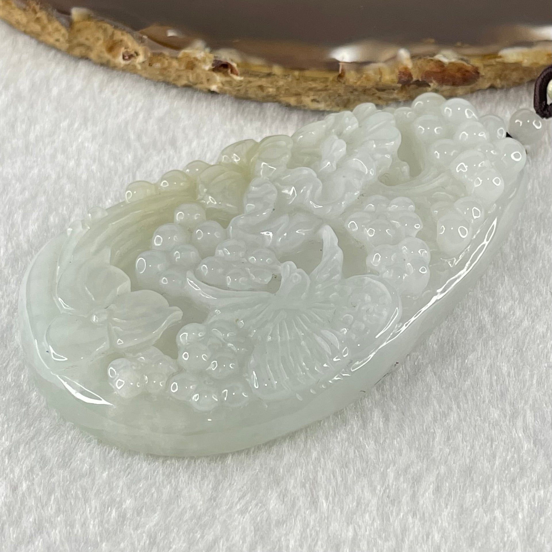 Type A Faint Green Lavender with Faint Yellow Patch Jadeite Bird with Flowers Pendant 79.61g 78.7 by 47.1 by 12.2mm - Huangs Jadeite and Jewelry Pte Ltd