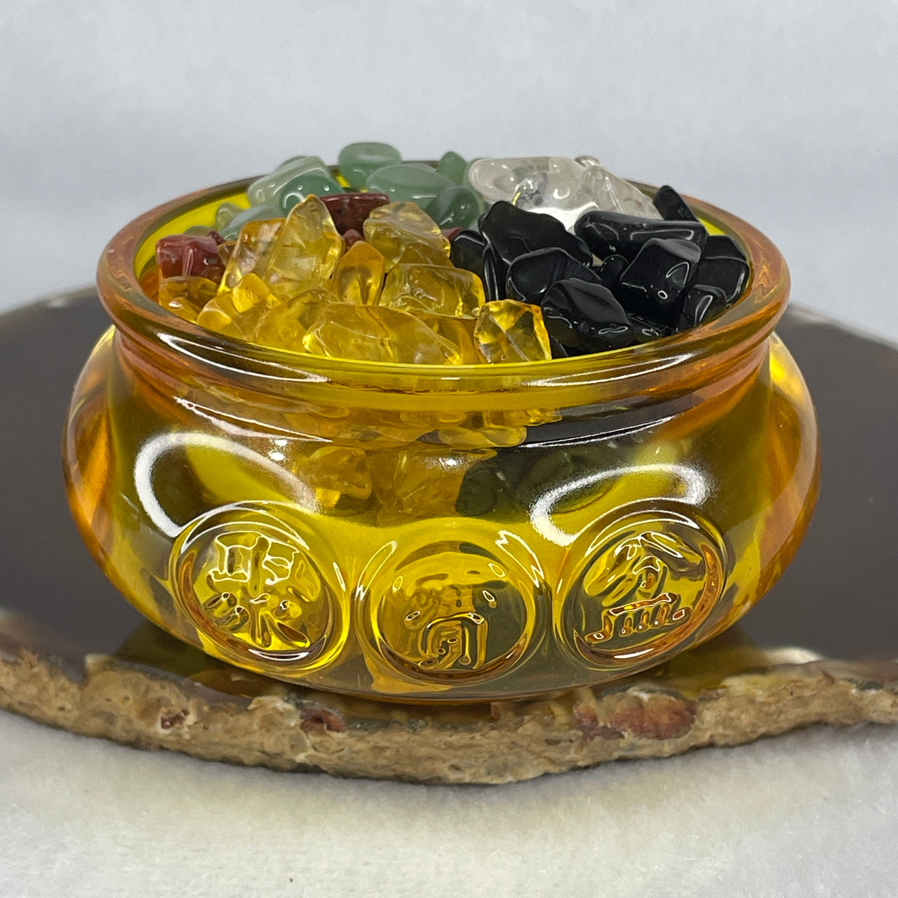 Yellow Liuli Wealth Pot with Five Element Crystal Fragment (Clear Quartz, Black Obsidian, Red Jasper, Citrine, Serpentine) Display Total Weight 336.49g 79.8 by 40.8mm - Huangs Jadeite and Jewelry Pte Ltd