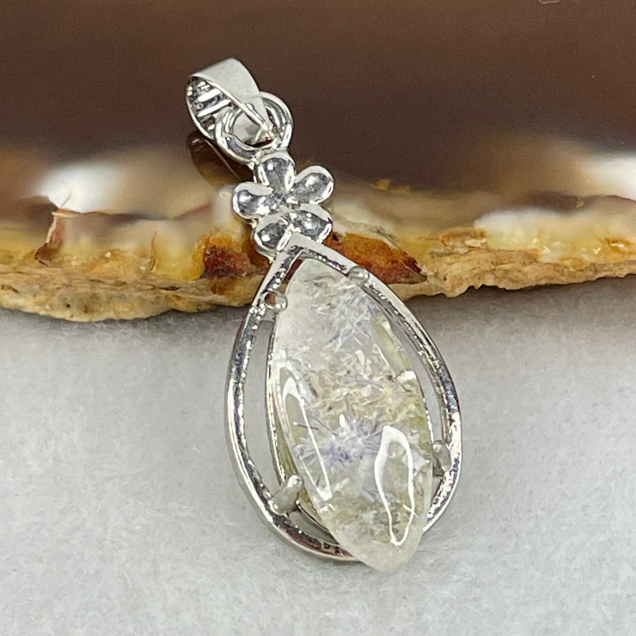 Good Grade Rare Natural Blue Dumortierite Rutilated Quartz in S925 Pendant 2.96g 18.2 by 8.2 by 3.5mm - Huangs Jadeite and Jewelry Pte Ltd