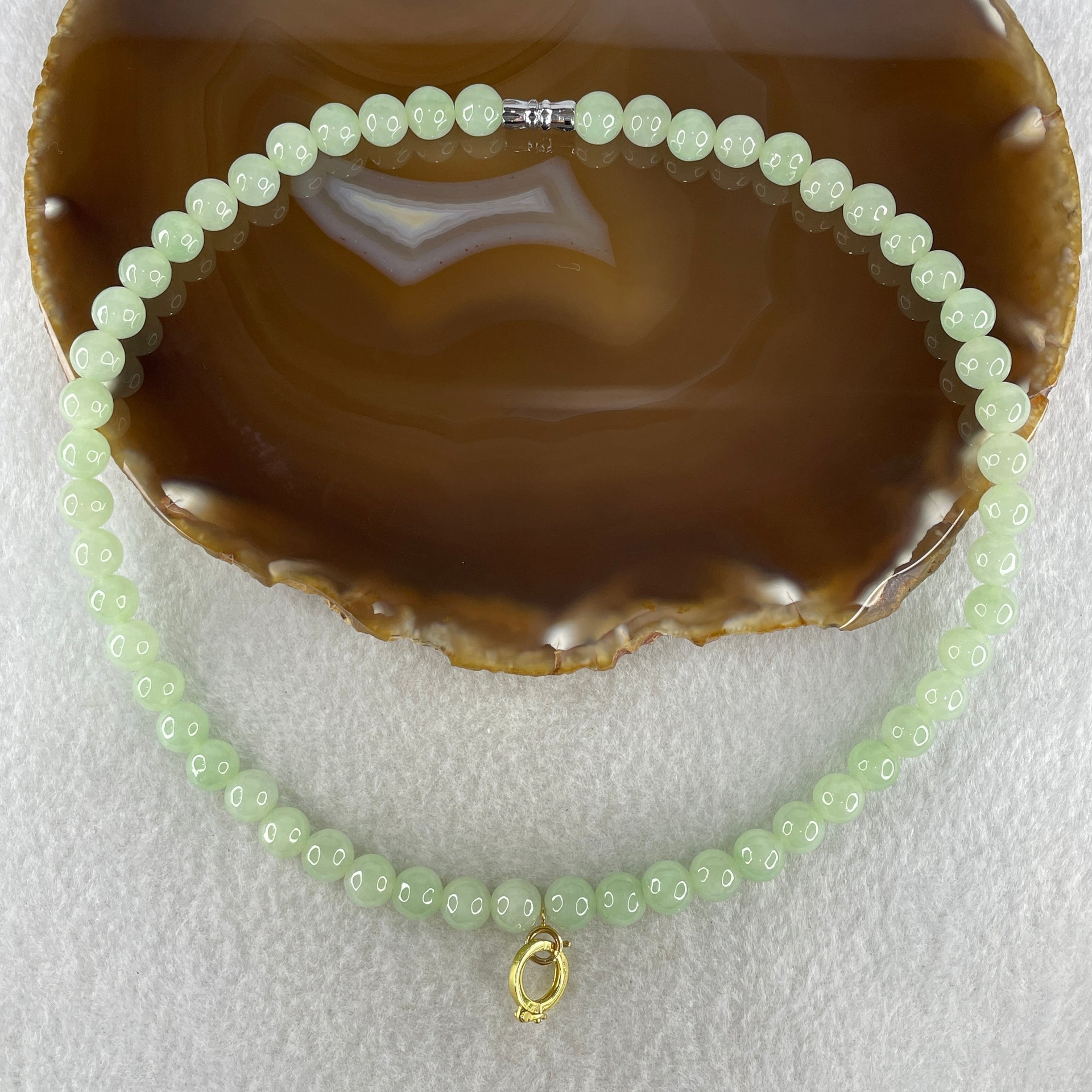 Type A Natural Semi Icy Light Green Jadeite Beads Necklace 39.10g 40cm 7.5mm 54Beads - Huangs Jadeite and Jewelry Pte Ltd