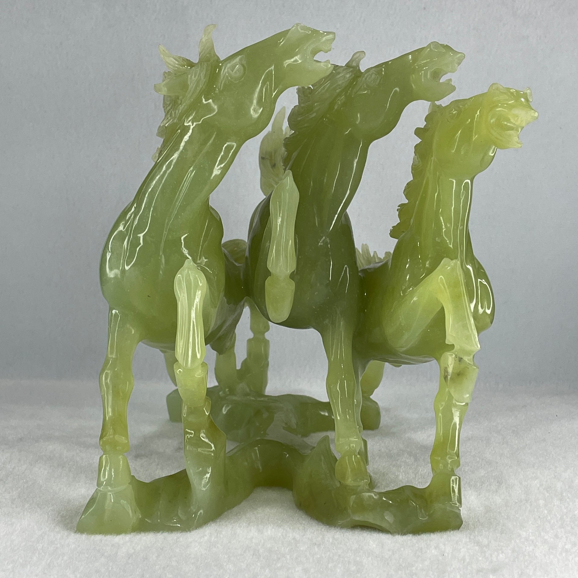 Natural Yellowish Green Serpentine 3 Victory Horse with Wooden Stand Display 1,929.3g 198.0 r we by 166.0 by 200.0mm - Huangs Jadeite and Jewelry Pte Ltd