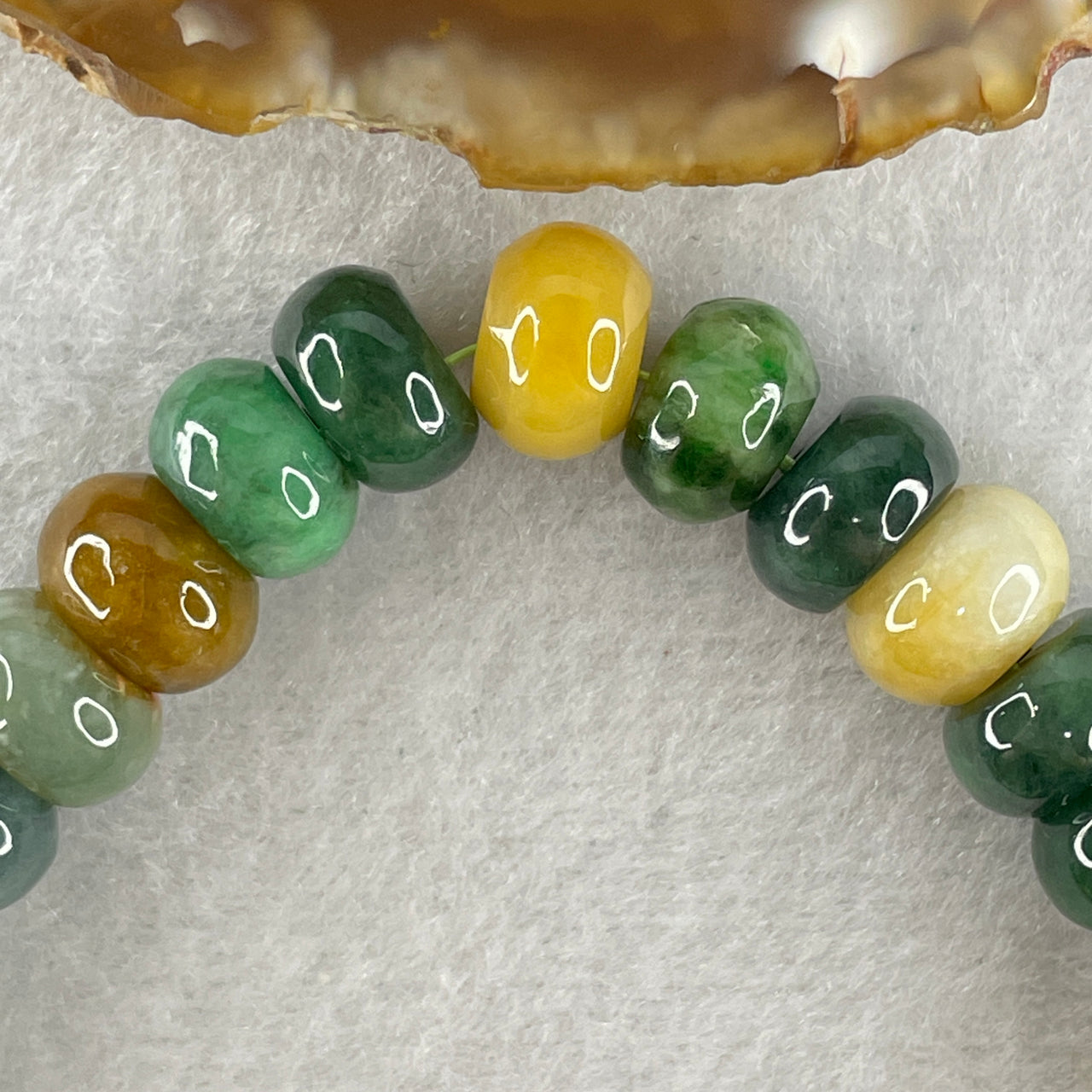 Natural Type A Muti Tone Greens with Yellow and Red Jadeite Donut Shape Beads with Old Mine Spicy Green and Red Jadeite Money Bag in Gold Color Charm Bracelet 43.37g 17cm 10.3mm 31 Beads (Burnt)