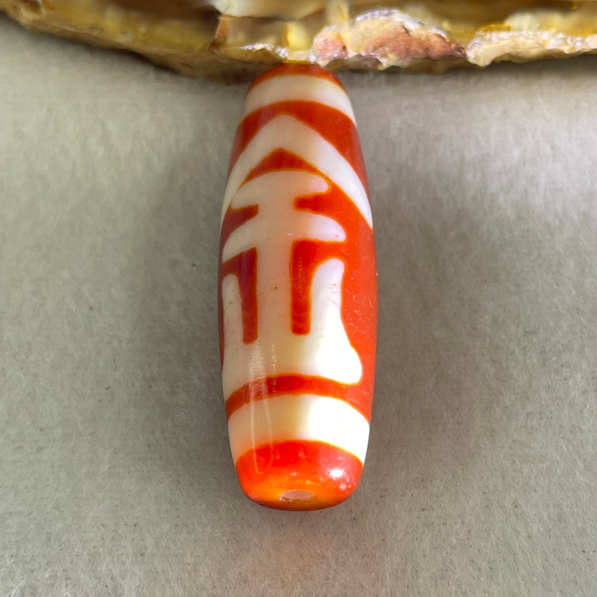 Natural Powerful Tibetan Old Oily Red White Agate One Eye Gold Metal Element Dzi Bead Heavenly Master (Tian Zhu) 一眼金天珠 9.50g 38.2 by 12.8mm - Huangs Jadeite and Jewelry Pte Ltd