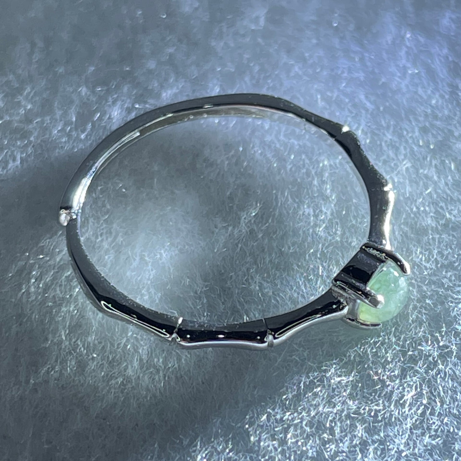 Type A Semi Icy Green Cabochon Jadeite in S925 Sliver Bamboo Ring (Adjustable Size) 0.96g 4.0 by 2.0mm - Huangs Jadeite and Jewelry Pte Ltd