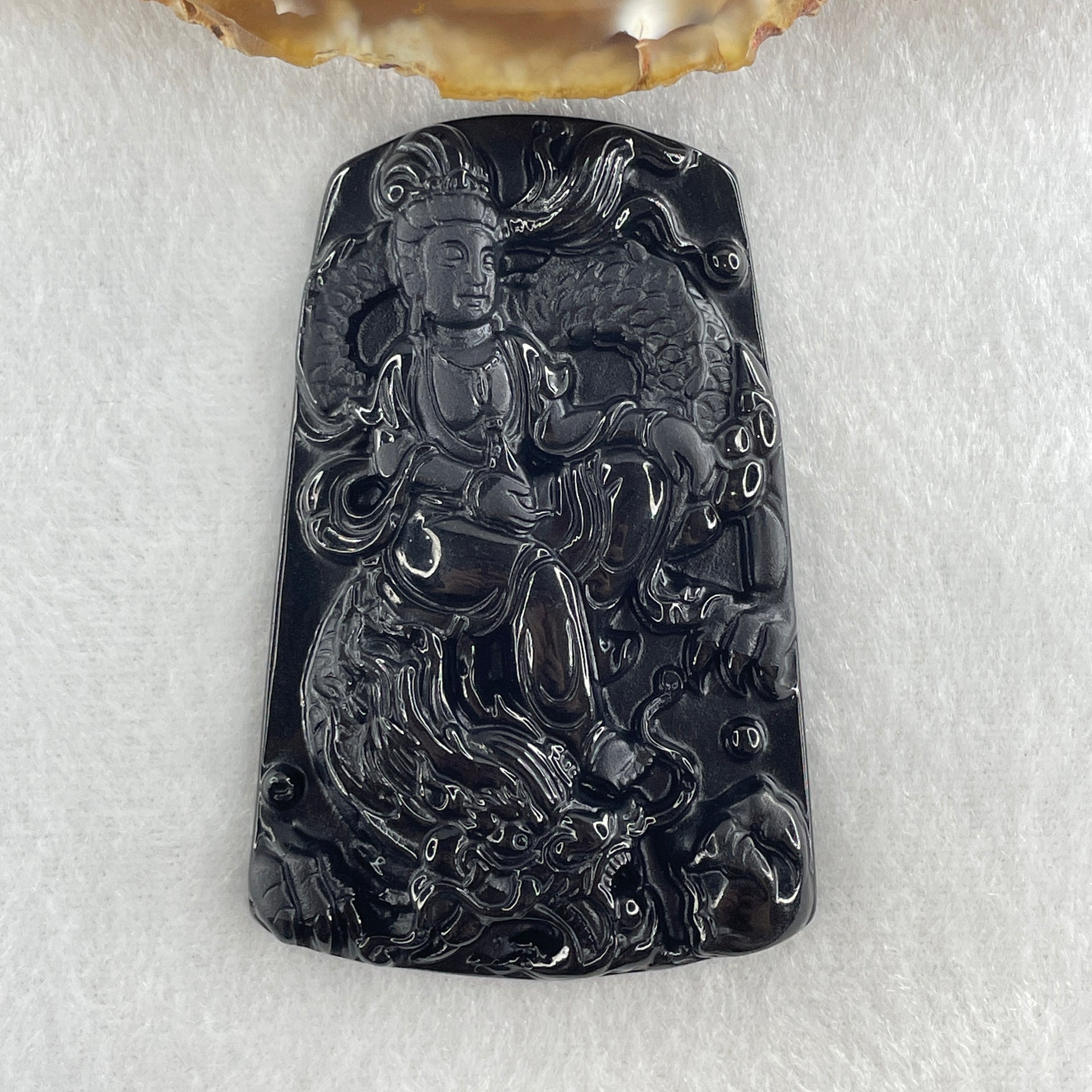 Type A Opaque Black Omphacite Jadeite Guan Yin on Dragon Pendant 36.54g 66.7 by 43.5 by 8.0mm - Huangs Jadeite and Jewelry Pte Ltd